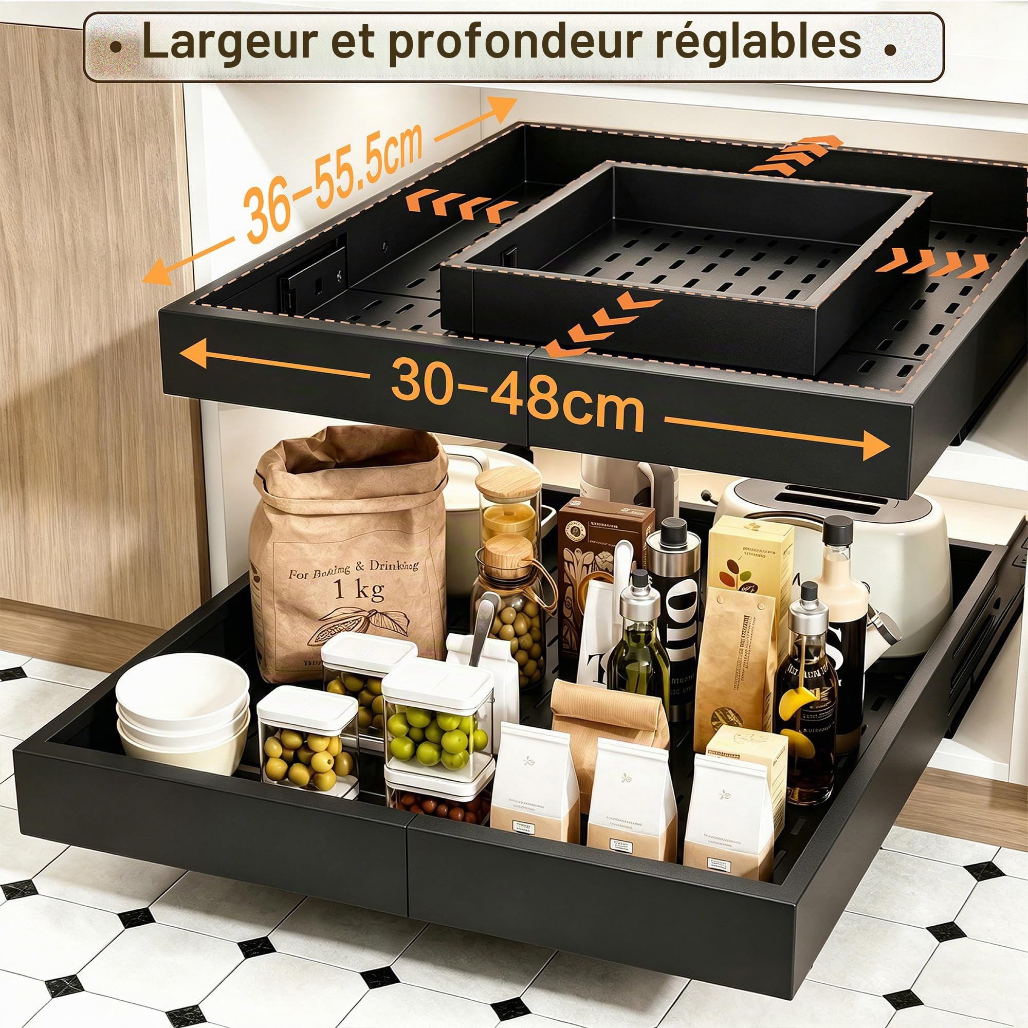 Lot de 2 Tiroirs Coulissants de Cuisine à 4 Directions, Noir | Tiroir Télescopique, Largeur 30-48cm & Profondeur 36-55,5cm, pour Armoires avec/sans Cadre, Structure en Métal, Sans Perçage