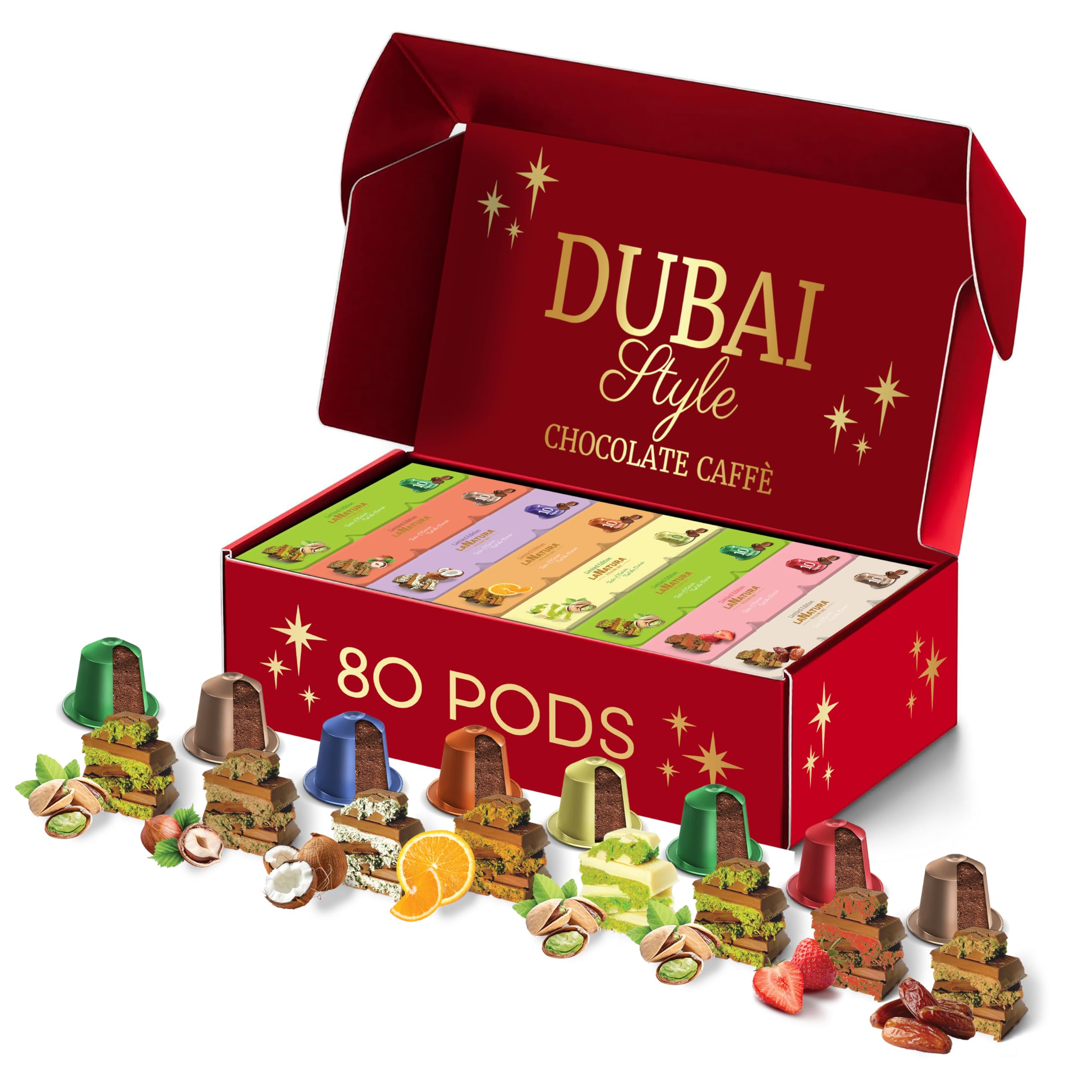 La Natura Lifestyle DUBAI Coffee Aroma Royal Mix – 80 Premium Aluminium Kaffeekapseln | 7 Sorten | Exklusive Aromavielfalt für Besondere Genussmomente | Kompatibel mit Nespresso®*-Maschinen