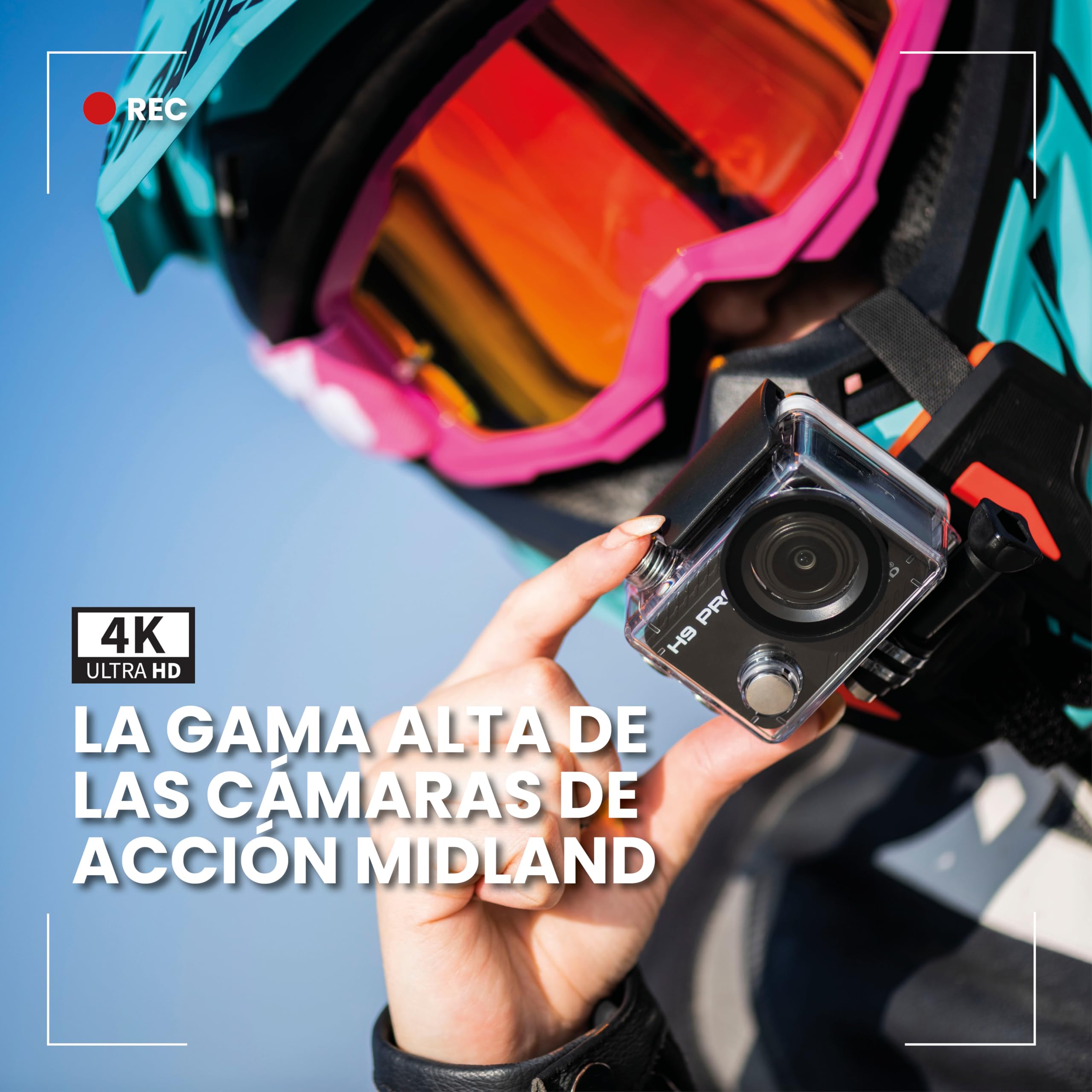 Midland - Cámara Acción 4K H9 Pro WiFi con Mando a Distancia, Cámara Deportiva y Acuática 30 m, 2H de Autonomía, 30fps, Fotos 20MP, Pantalla Táctil IPS, 7 Modos de Video, Control por Smartphone