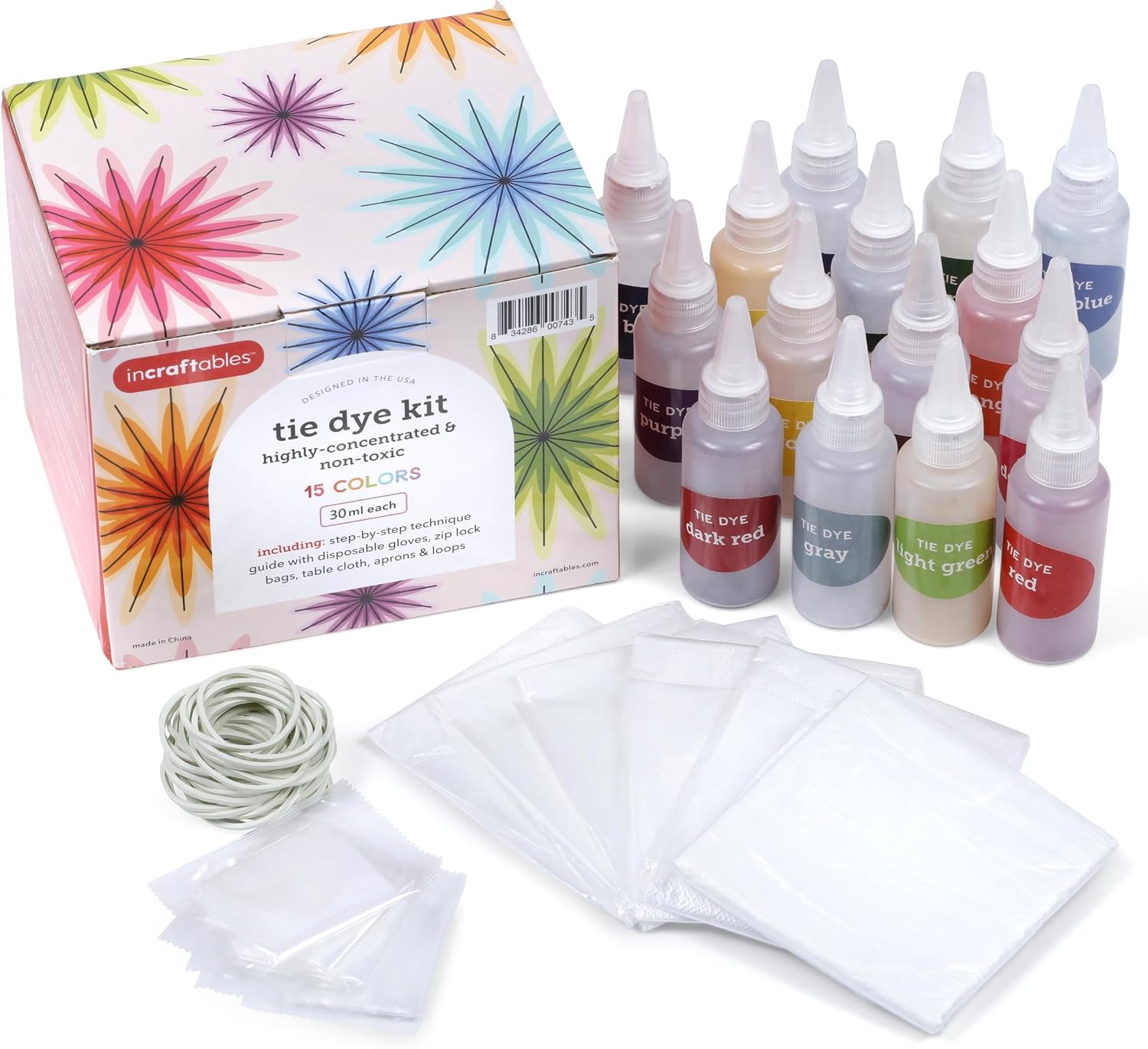 Incraftables One-Step 15 Color Tie Dye Kit – Non-Toxic Tie Dye Powder Set with Gloves, Aprons & Zip Bags – Tie Dye Fashion Kit for Adults & Kids