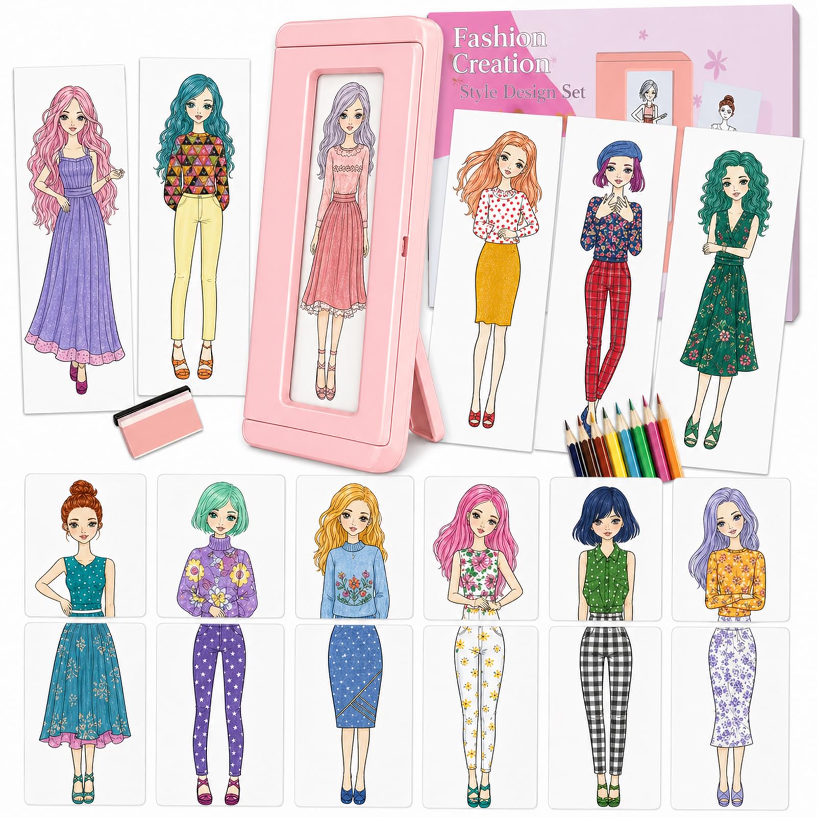 Pink Fashion Design Kit for Girls, Double Sided Rubbing Plate Drawing &amp; Dress Up Art Set with Fashion Plates, Coloring Paper, Pencils &amp; Picture Frame - Creative Activity Set for Kids Ages 4-12