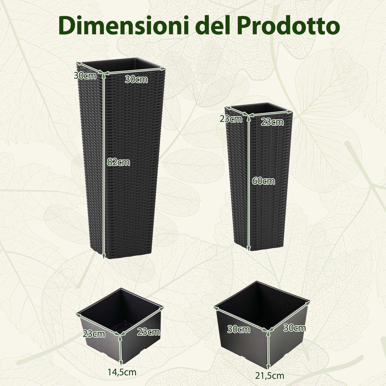 COSTWAY 2 Vasi Alti per Piante da Interno ed Esterno, Grandi Fioriere in Rattan con Vassoi Interni Rimovibili, Fori di Drenaggio, Fioriere Decorative per Giardino, Cortile e Balcone (Nero)