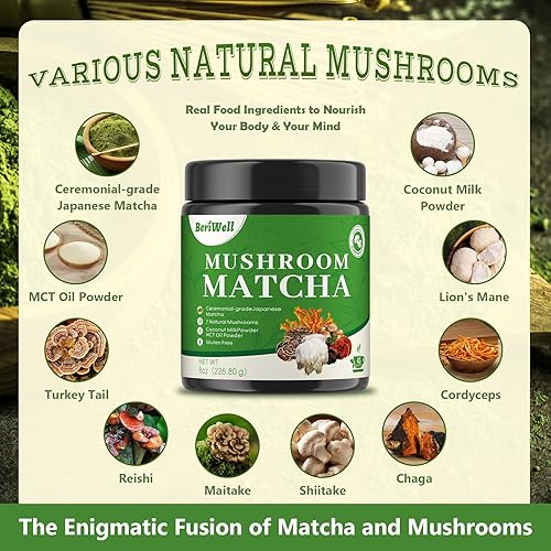 Miniatura 4 de Matcha en polvo de hongos, matcha ceremonial japonés infundido con 7 hongos superalimentos, aceite MCT, leche de coco en polvo, natural, sin gluten,