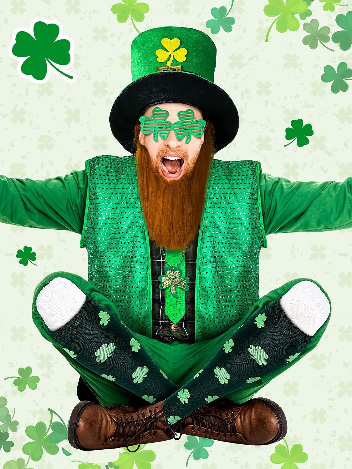 Yinder 8 Pcs St Patrick's Day Costume Set Sequin Vest Shamrock Leprechaun Hat Irish Faux Mustache Glasses Necklace Socks