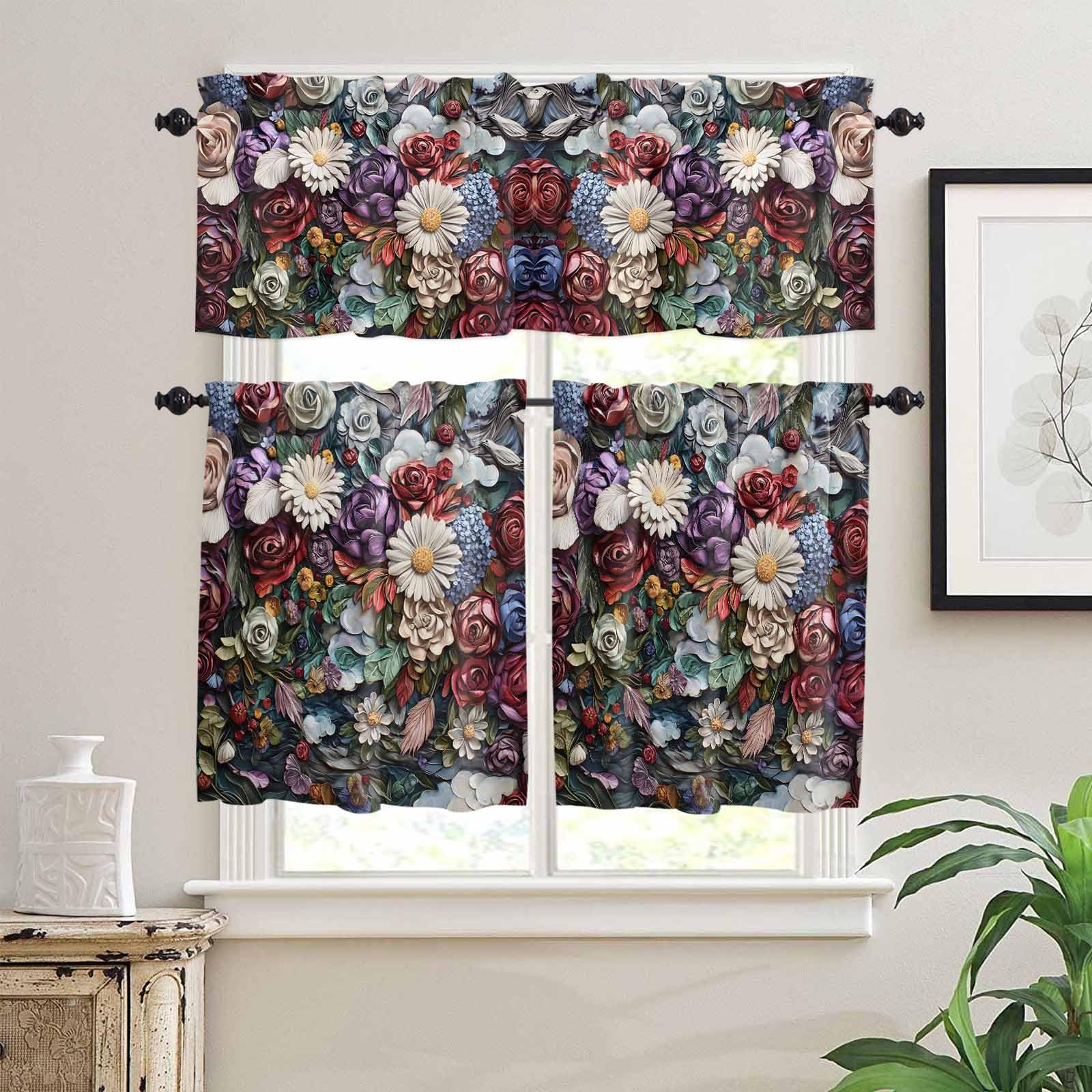 Boho Colorful Flower Kitchen Curtains 36 Inch Length,3 Piece Rod Pocket Small Half Tiers and Valance Set,Roses Daisies Floral Bohemia Rustic Small Large Window Treatment Decor for Bedroom/Bathroom