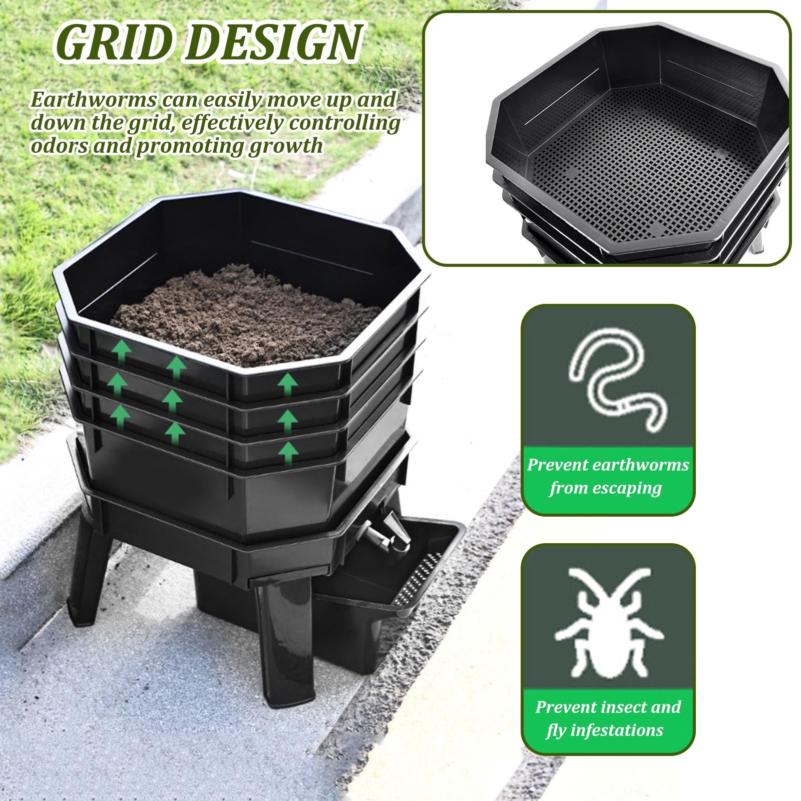 Cubo de basura para compostaje de gusanos de 80 L, 5 bandejas para reciclaje de residuos de alimentos al aire libre con sistema de drenaje eficiente para jardinería sostenible