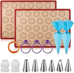 Silicone Macaron Baking Mat Kit - 16pcs Set, Macaroon Baking Mat Set of 2 Half Sheet Macaron Silicone Mat Nonstick Macaron Mat Sheet,6 Piping Tip,2 Piping Bag with 3 Bag Tie, 2 Coupler (11.6&#34;x16.5&#34;)