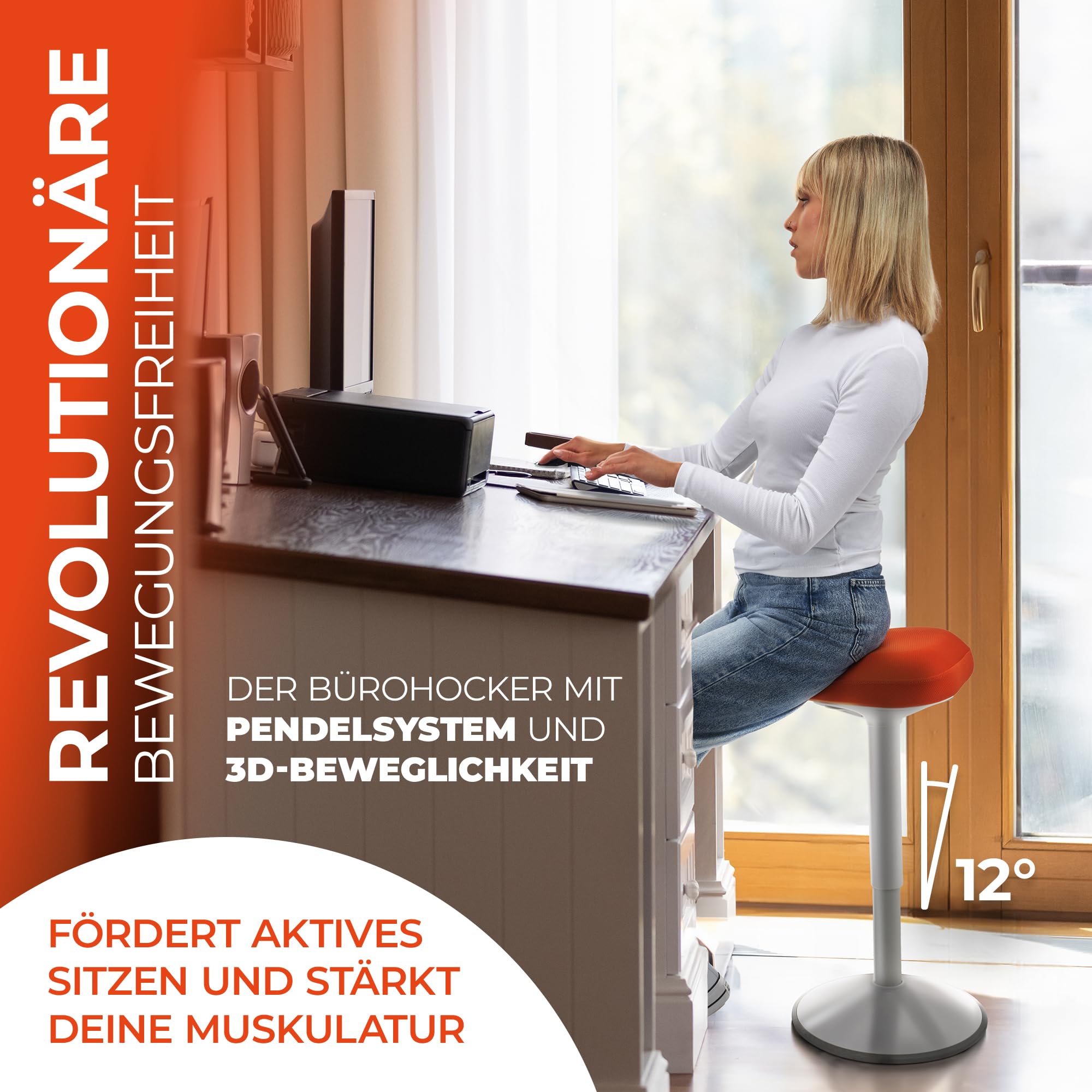 SMART-Sitzen: Bürohocker [PREMIUM QUALITÄT] Sitzhocker ergonomisch für Arbeit & Freizeit|Ergonomischer Hocker höhenverstellbar|Schwingeffekt [rutschfest] Stehhocker|Hocker für Homeoffice (Orange)