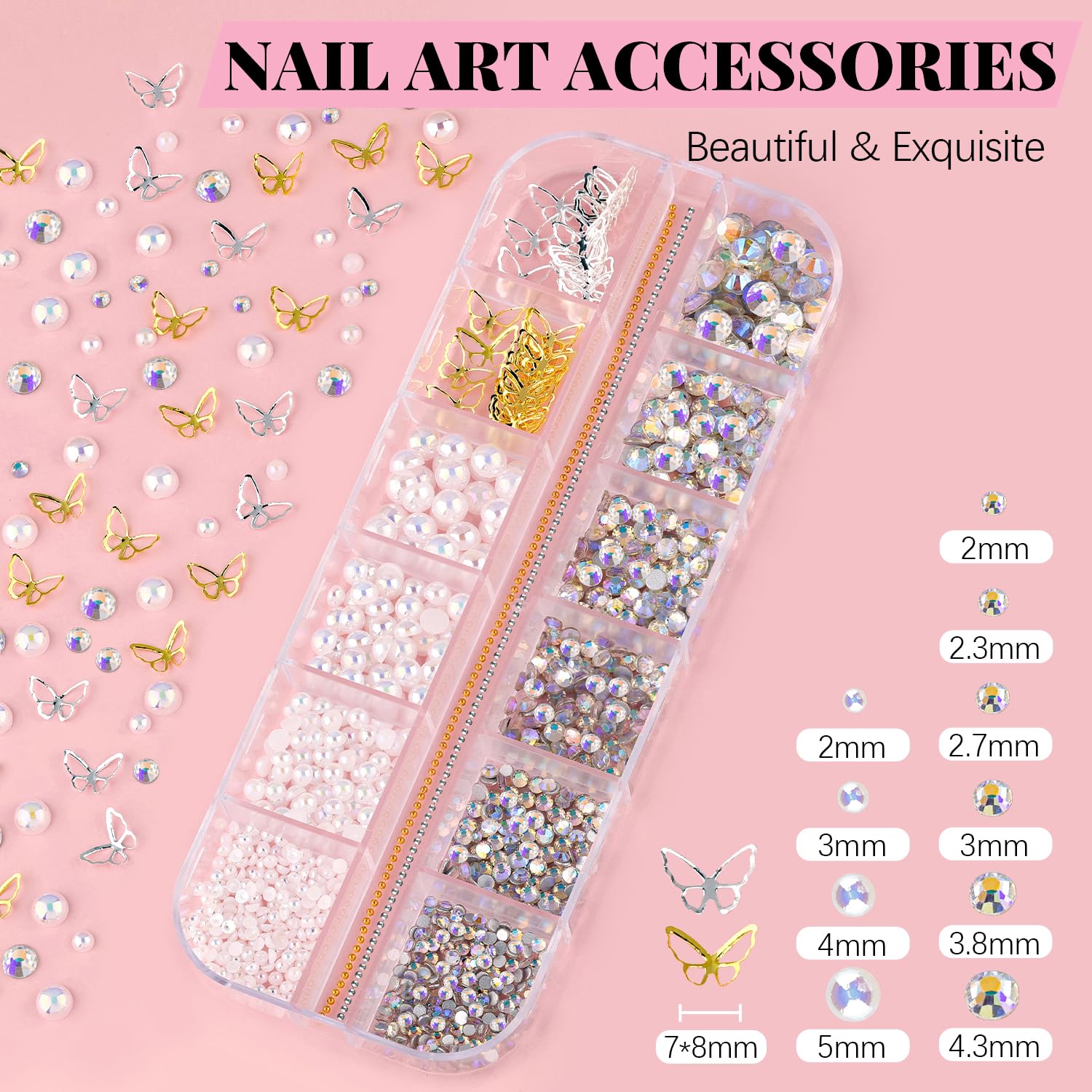 Dijes y gemas de flores 3D, bonito kit de manicura con dijes florales coloridos con pegamento de diamantes de imitación para uñas (curado UV), cuentas de caviar de mariposa, perla semicircular y parte 3