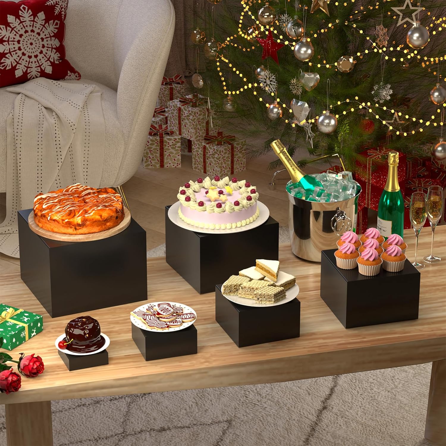 6Pcs Buffet Risers, Food Risers for Buffet Table, Acrylic Boxes for Display Cube Riser Display Stand for Party Catering Dessert Collectibles, Black Set (Size 8", 7", 6", 5", 4", 3")