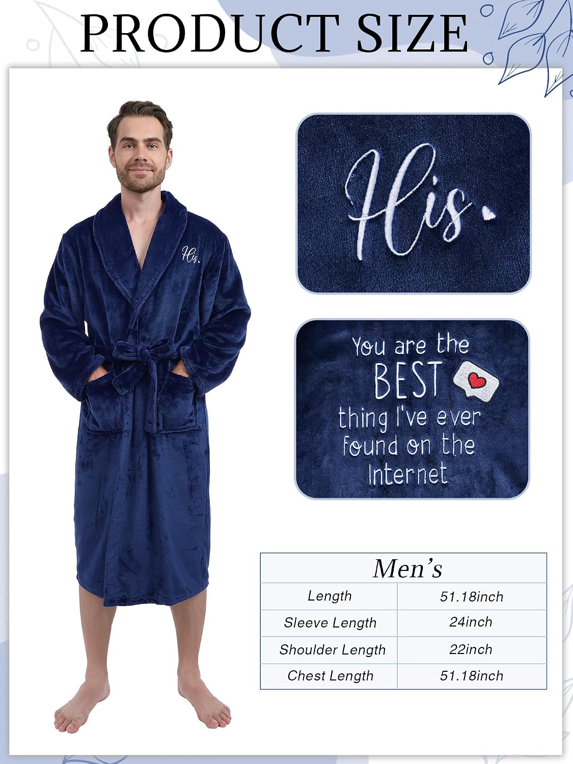 Jecery Mens Robe Soft Flannel Spa Robe for Men Blue Robes Plush Bathrobe for Father's Day Husband Dad Boyfriend Birthday Gift