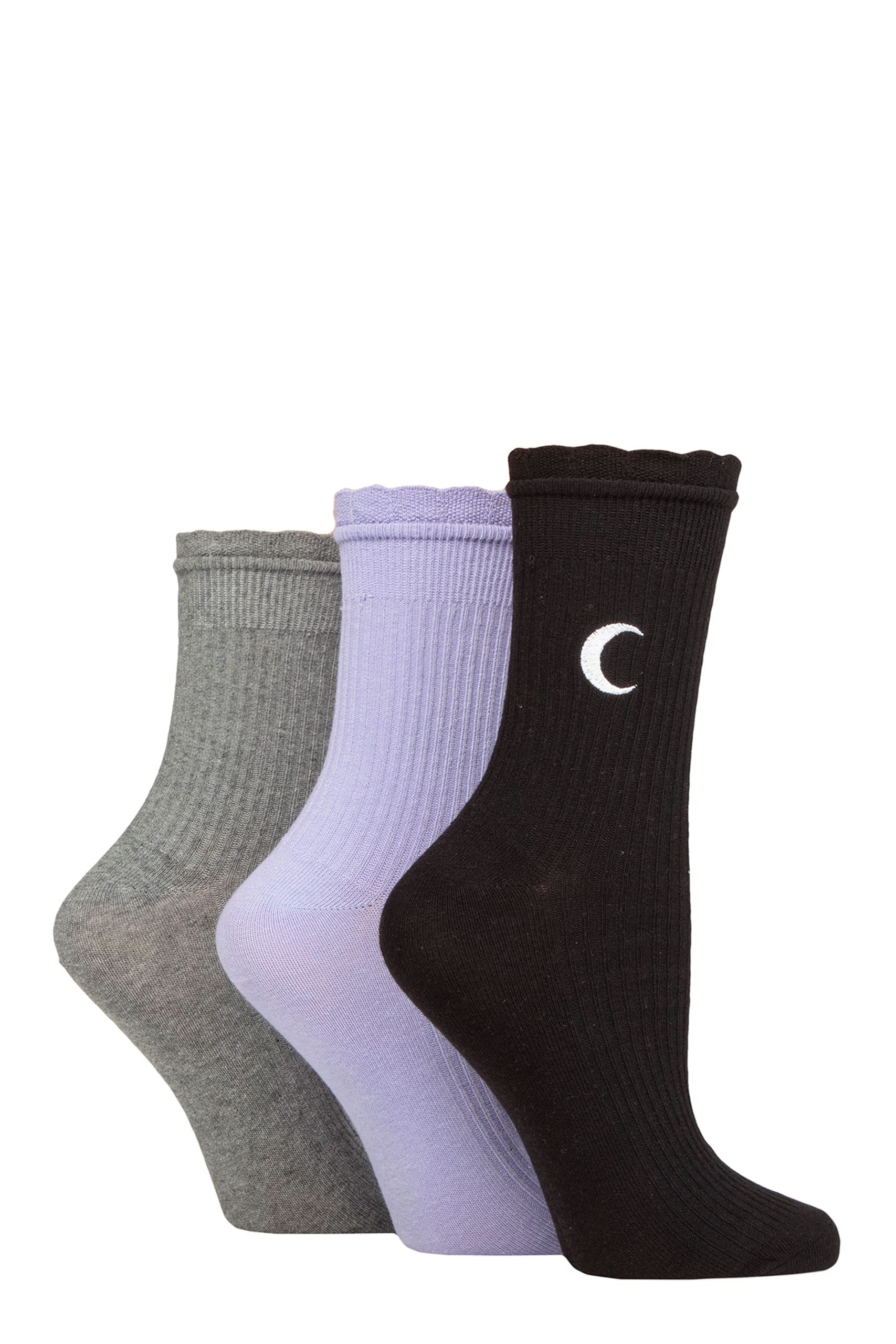 Sockshop Women's Black / Lilac / Charcoal Moon Wildfeet Mid Length Frill Top Embroidered Socks Pack Of 3 Black/Lilac/Charcoal Moon 4-8