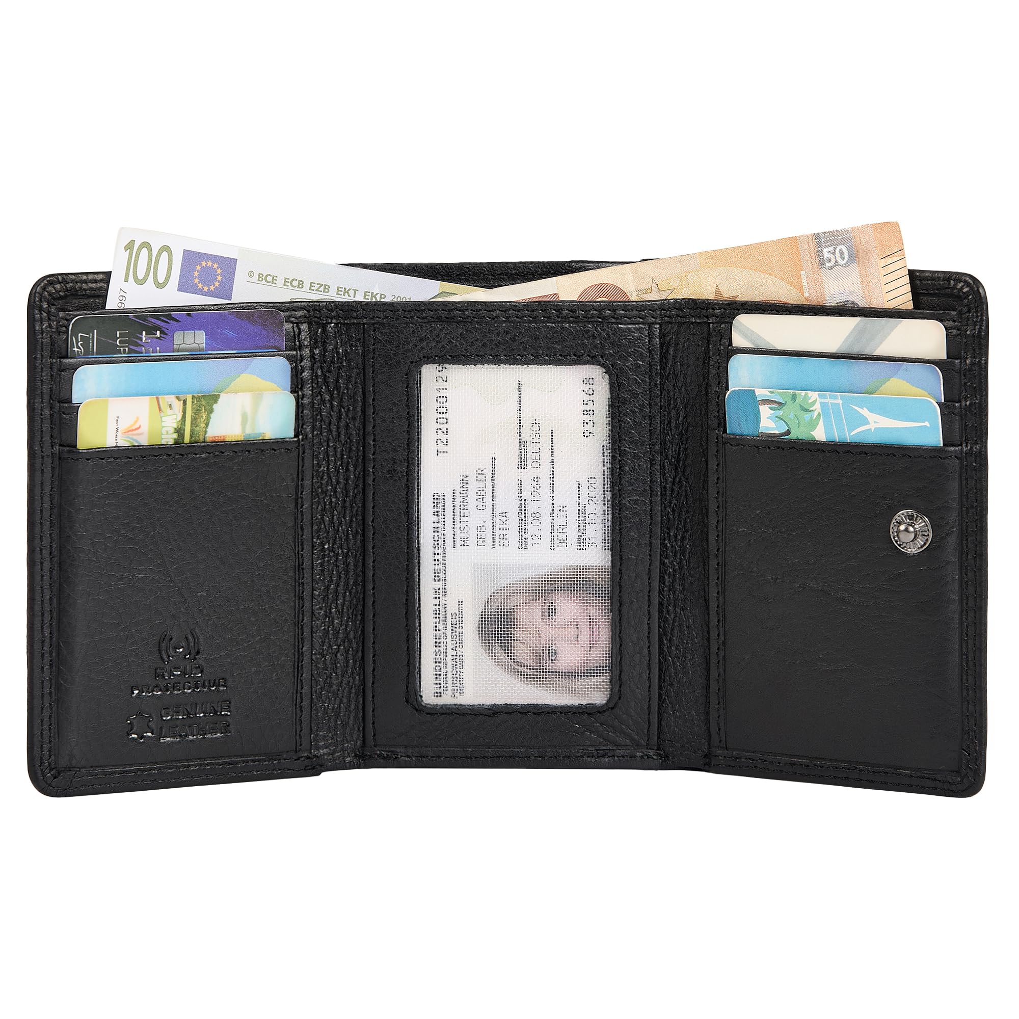 STILORD "Olive Echtleder Geldbörse Damen Mittelgroß Leder Portemonnaie - Freuen Brieftasche mit RFID Schutz - Trifold Damengeldbörse mit Münzfach in edler Geschenkbox Farbe:schwarz