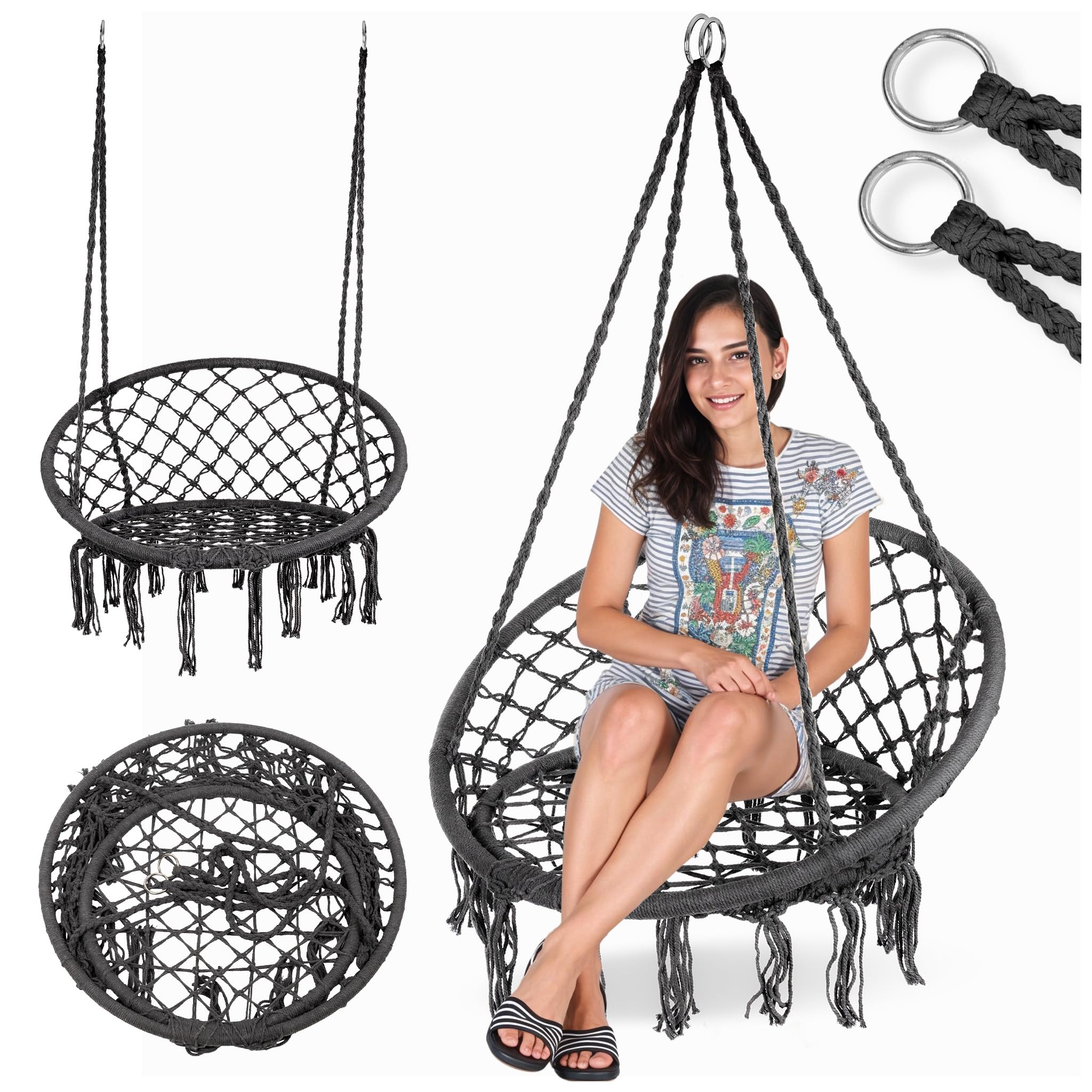 Poltrona Sospesa Boho Sedia Amaca Portata 150 kg Acciaio Zincato Corde Cotone Poliestere