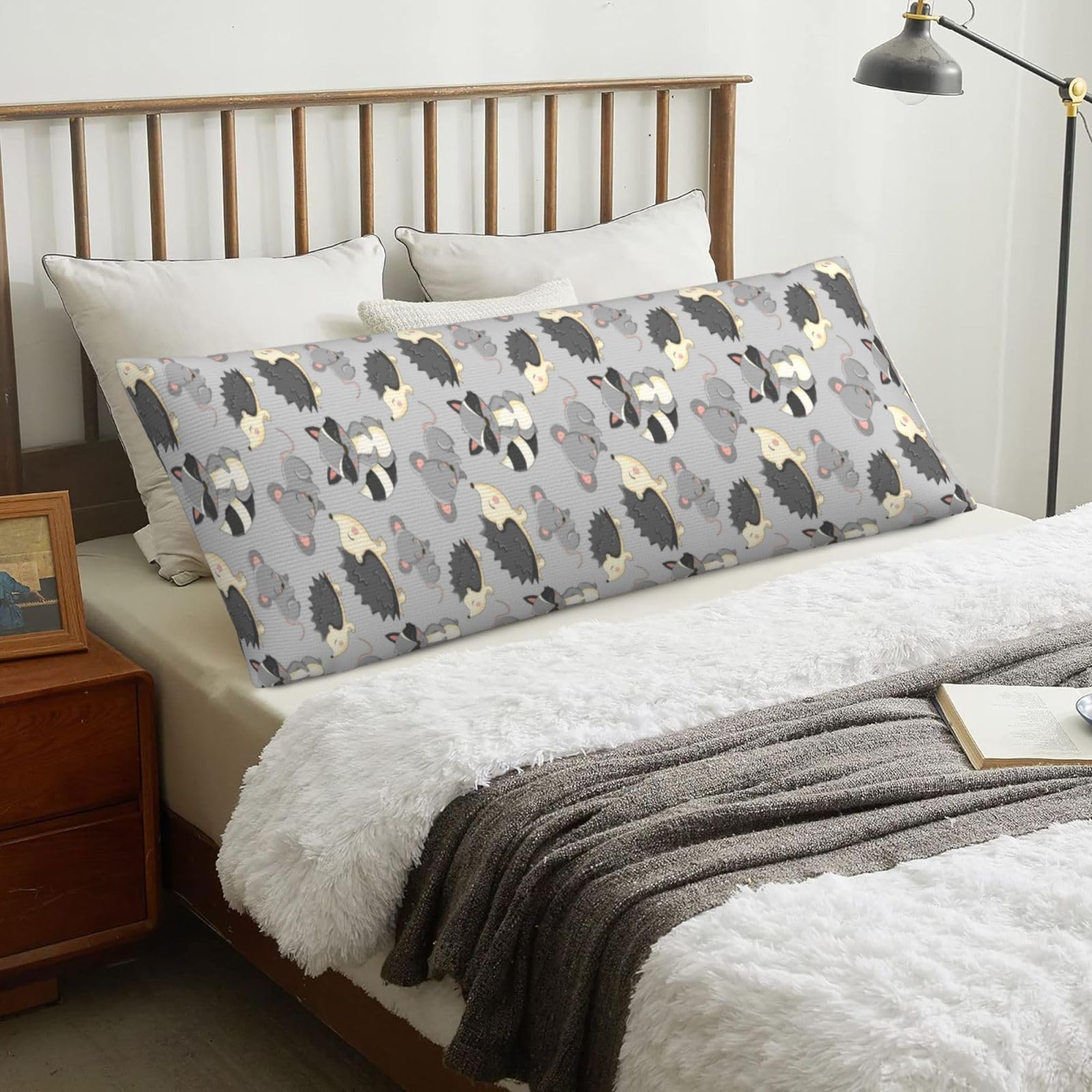 Grey Background Hedgehogs Mice Raccoon, Body Pillow Cover with Zipper,Long Body Pillowcase 20 x 60 in