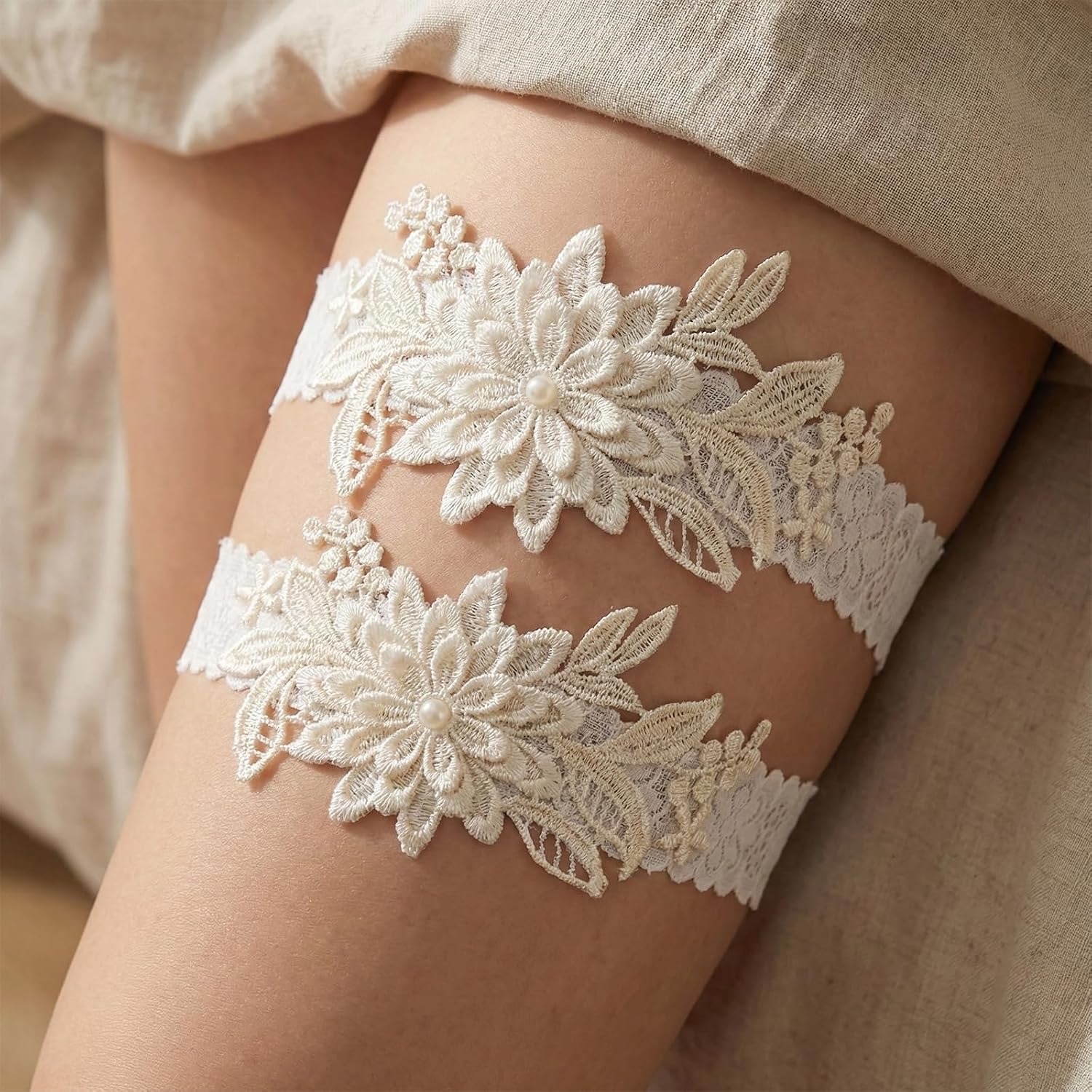 Wedding Garters for Bride - Something Flower Lace Garter Set with 2 Stretchy Bands (1.2" Wide), Soft Lace & Satin Flower for Wedding Day, Bridal Shower, Boudoir Photo, Honeymoon