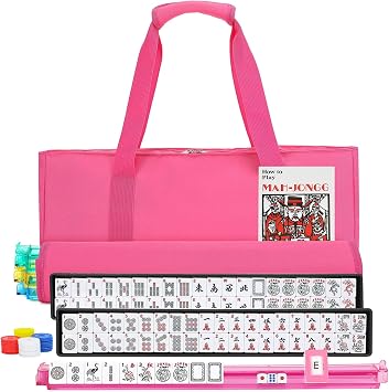 American Mahjong Set, 1.2inch 166 White Tiles Mahjong Tile Set, 4 All-in-One Rack/Pushers with Pink Carrying Bag