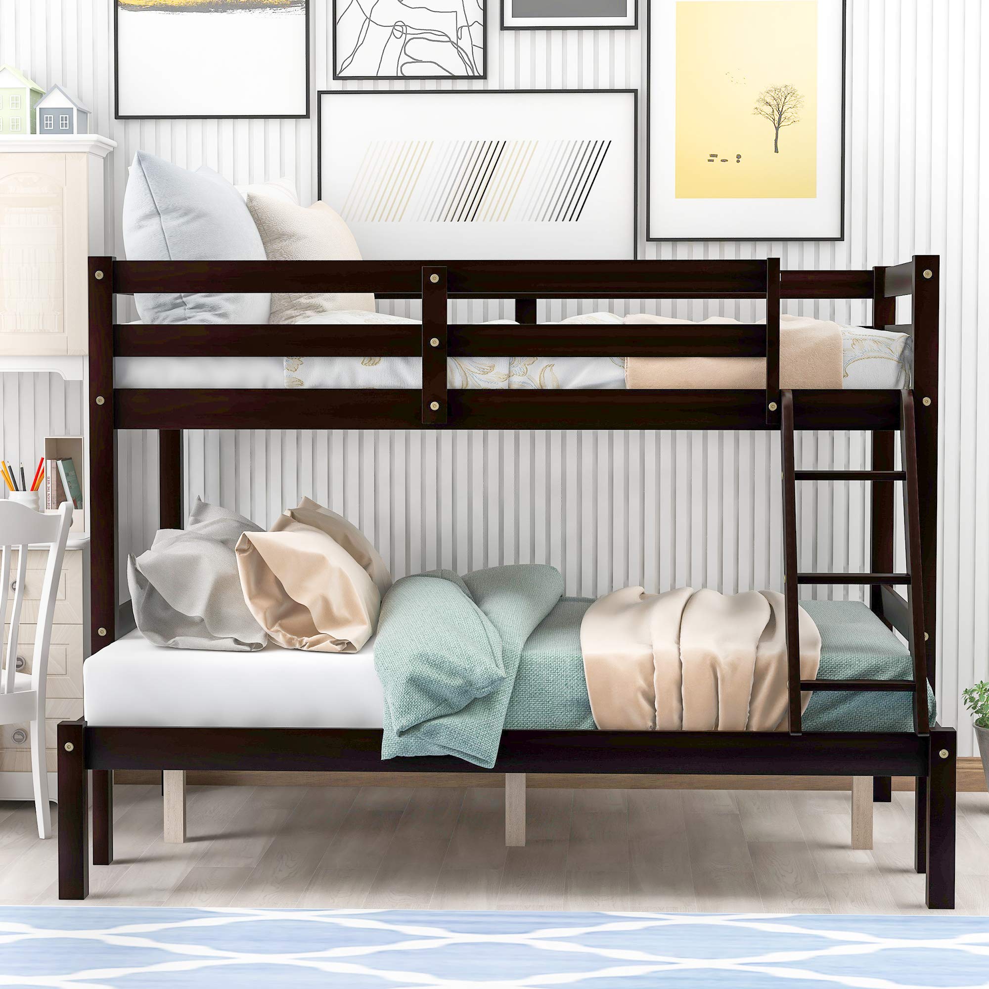 Amazon.com: Solid Wood Twin Over Full Bunk Beds, Convertible Bunk Bed for  Kids, Twin Over Full Bunk Bed Frame with Guardrail for Teens Boys Girls  Espresso : Home & Kitchen