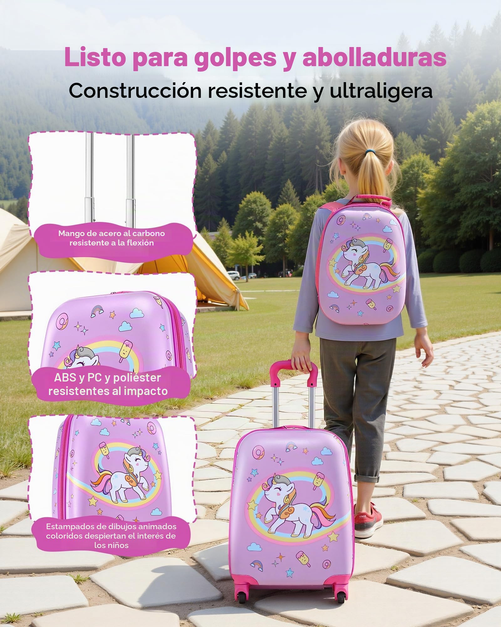 VEVOR Juego de Maletas para Niños 2 Piezas, Maleta de Cabina con Ruedas 45,7 cm Mochila de Carcasa Dura, Patrón Unicornio Rosado, Equipaje Infantil para Escuela Viaje Camping, Aprobado por Aerolíneas