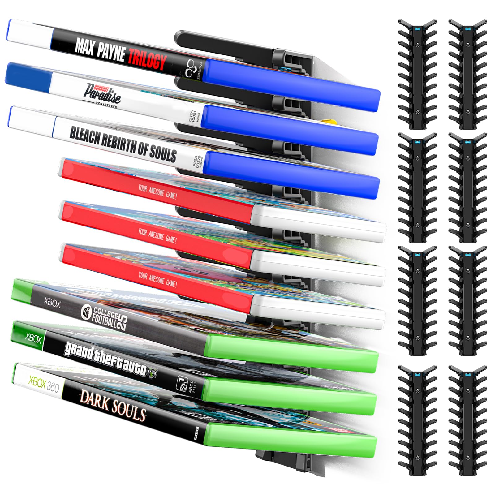 Support Mural de Rangement pour Boîtes de Jeux Vidéo, Rack à Jeux Universel pour Switch, Xbox 360/ Series X, Playstation 2/ 3/ 4/ 5, 3 Fentes Différentes pour Rangement Organisé et Stabilité Maximale
