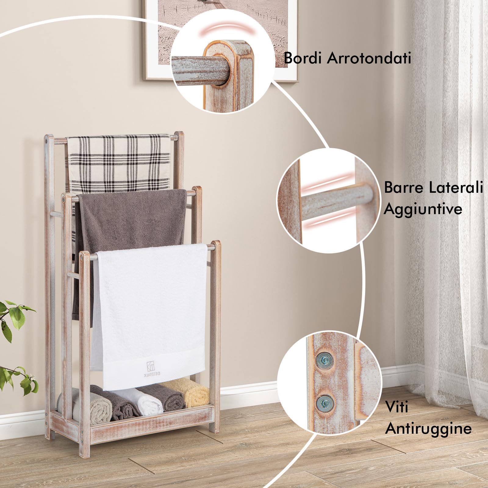 COSTWAY Portasciugamani in Legno da Terra, Porta Asciugamani a 3 Livelli con Mensola Inferiore, Dispositivo Anti-Ribaltamento, Supporto Leggero per Asciugamani da Bagno e Stanza Lavanderia (Bianco)