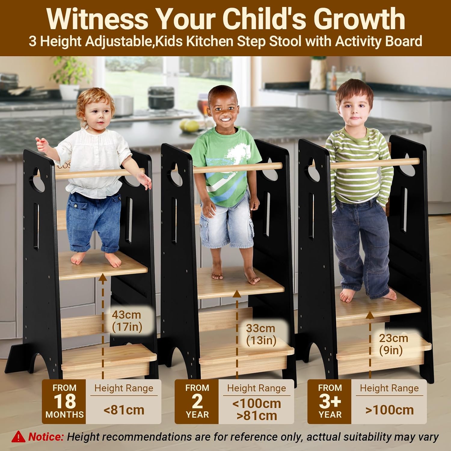 Image showing three children of different ages and heights using the learning tower at different platform settings.