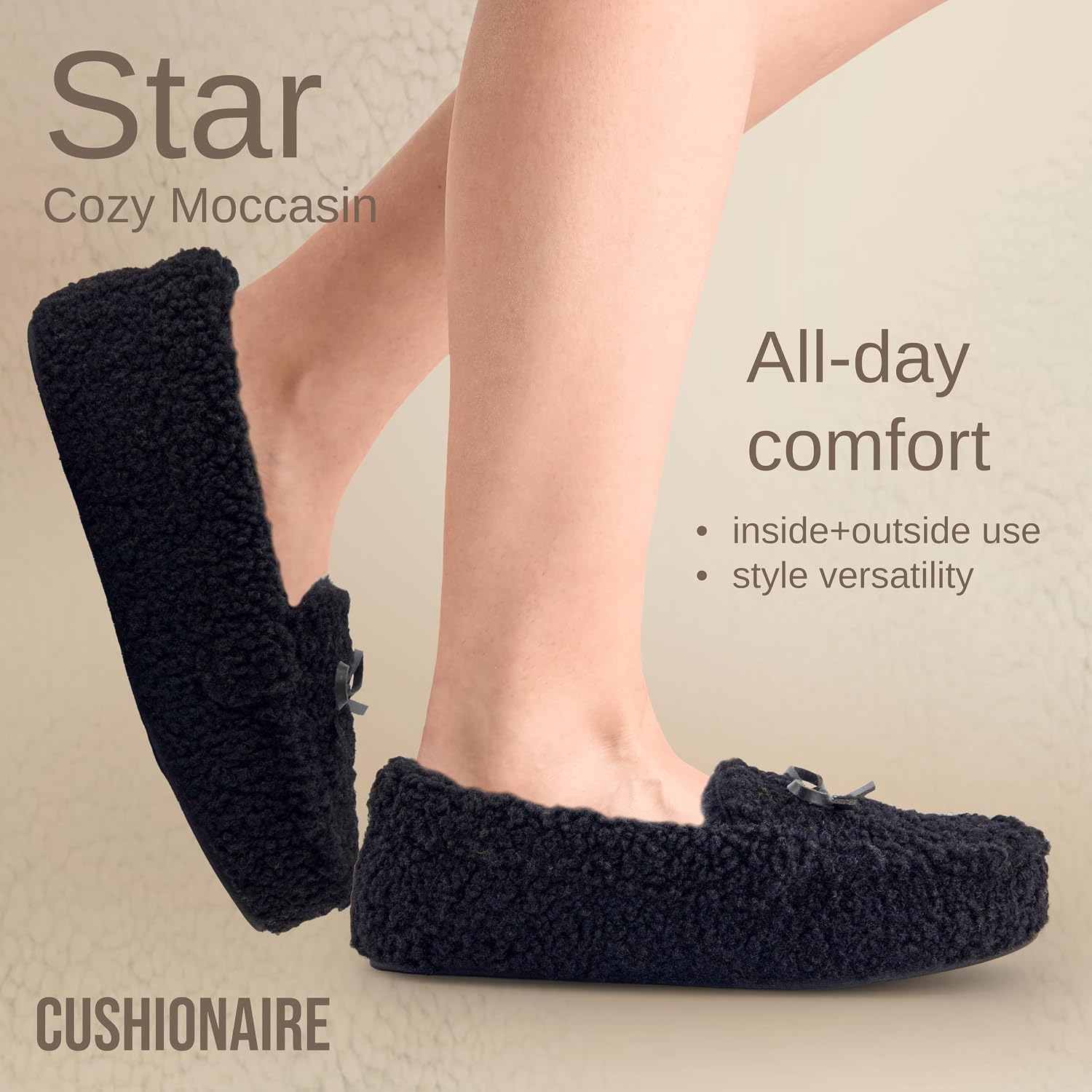 CUSHIONAIRE Star Women’s Faux Sherpa Moccasin Slippers – Cozy Indoor/Outdoor Slip-On with Memory Foam & Durable Rubber Sole, Wide Widths Available