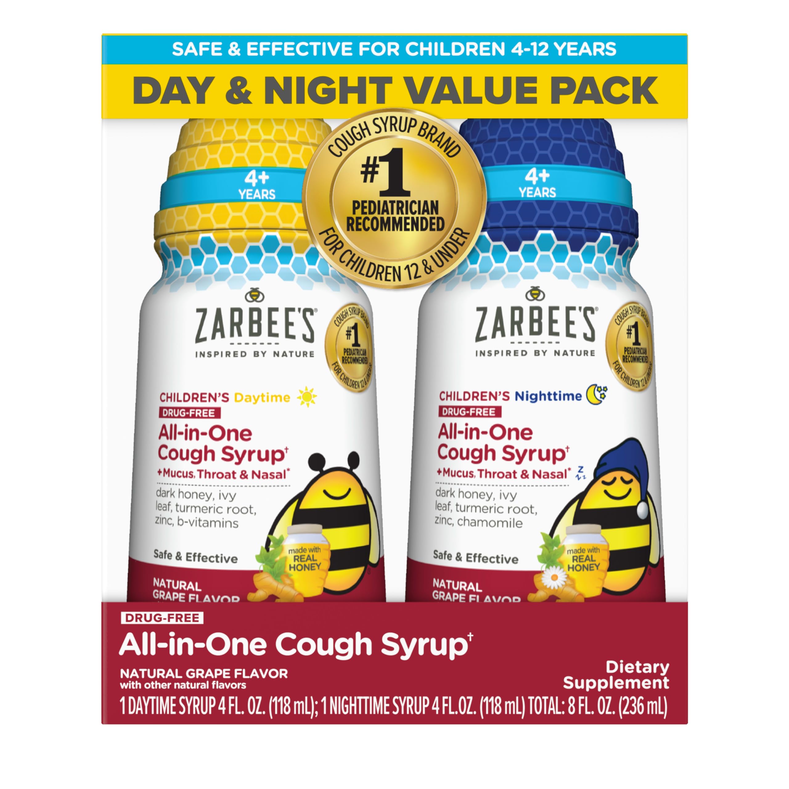 Zarbee's Children's All-in-One Honey Cough Syrup + Mucus, Throat & Nasal Day & Night Value Δύο πακέτα για παιδιά 6-12 + Dark Honey, Ivy Leaf Extract, Zinc Turmeric Root & B-Vitamins, Grape, 2 x 4 fl. Oz