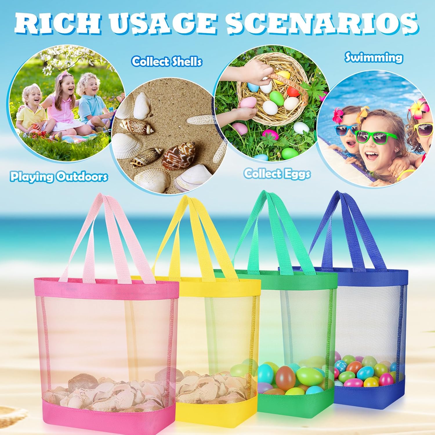 Amylove 11 x 12.9 Inche Mesh Beach Tote Bags Mini Pool Beach Bags Reusable Colorful Polyester for Travel Party Swim Toys - Image 2