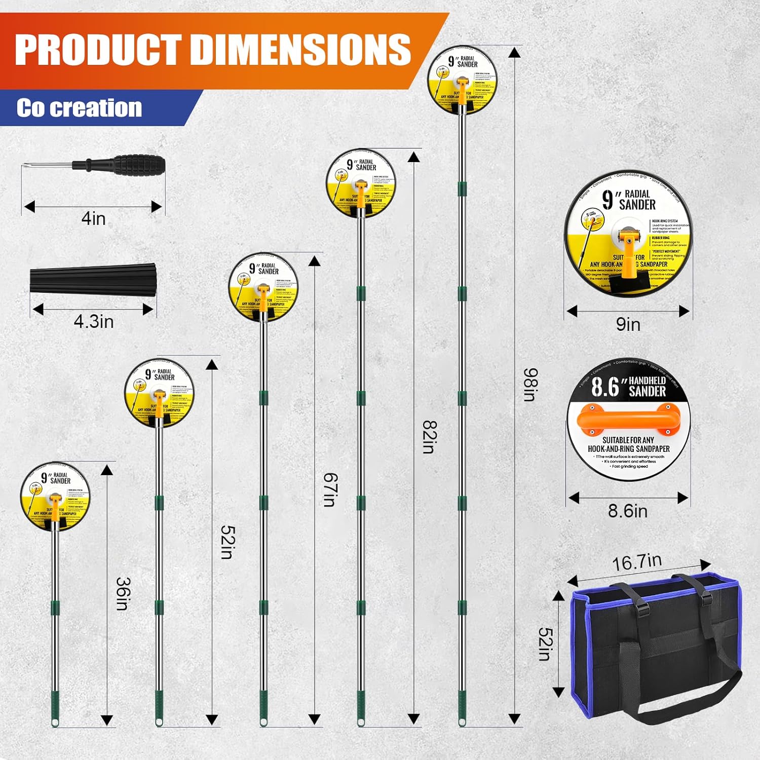 Pole Sander for Drywall, 89 Inch Adjustable Extension Pole, Bag, 360° Rotating Circular Sanding Head for Walls and Ceilings, 5Pcs Sanding Sheets, with Light Strip (80, 100, 120, 180, 240 Grit)