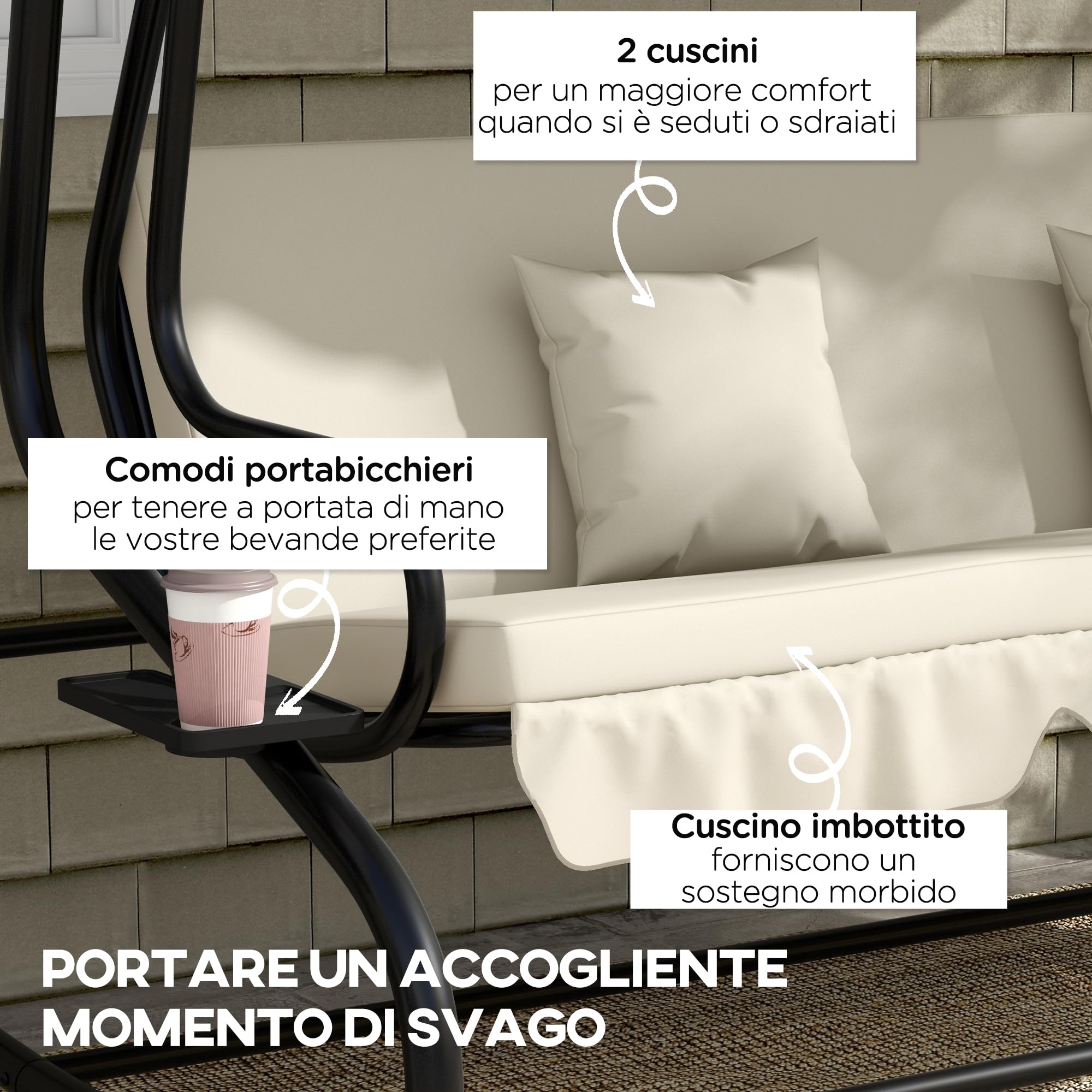Outsunny Dondolo Letto da Giardino con Tettuccio Regolabile e Vassoi Portabicchieri, Dondolo da Giardino in Acciaio e Poliestere, 200x120x164 cm, Crema