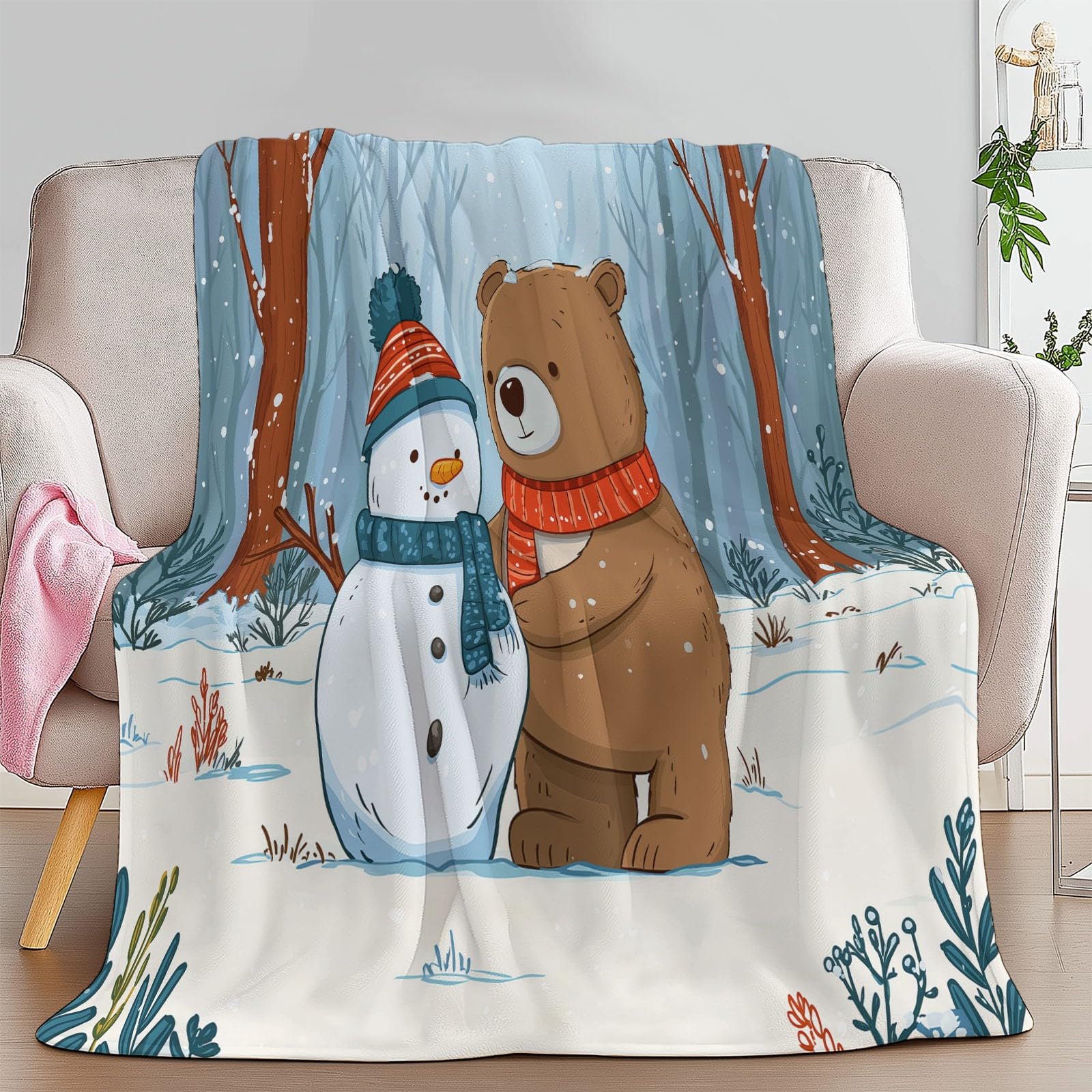 Puszysty koc polarowy na zimę, bałwanki i niedźwiedzie, 180 x 220 cm, miękki, ciepły, na sofę, koc polarowy, przytulny flanelowy koc na łóżko, dla dorosłych, dzieci i niemowląt, pomysł na prezent