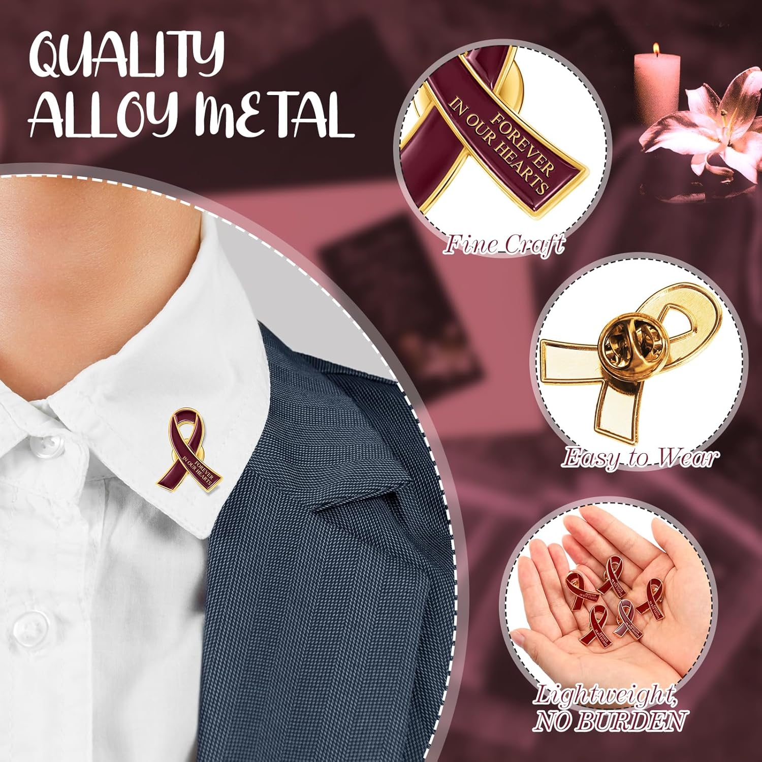 Unittype 60 Set Funeral Ribbon Pins Awareness Lapel Pin Remembrance Ribbon Brooch with Prayer Cards Organza Bags