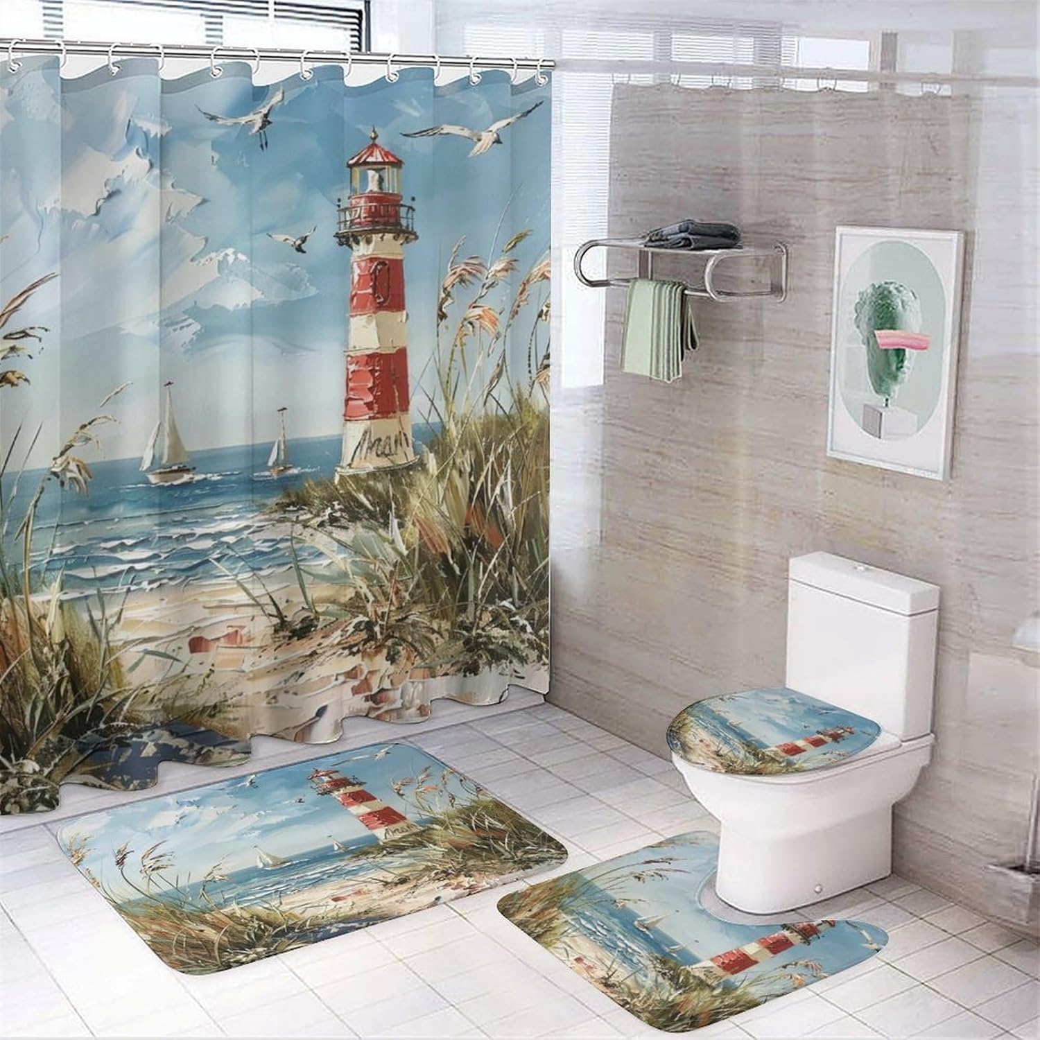 4Pcs Vintage Lighthouse Shower Curtain Set with Toilet Lid Cover U-Shaped Mat and Non-Slip Rugs, Coast Seagull Sailboat Plant Shower Curtain Bathroom Decor Set, 72" X 72"