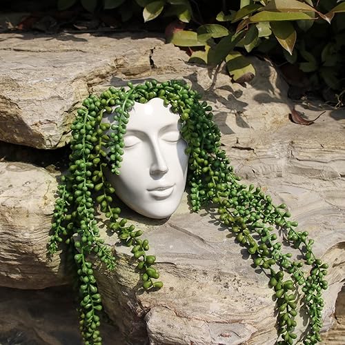 Miniatura 6 de Florero de cerámica, maceta blanca de escultura moderna, florero en forma de flor seca de cara humana, maceta colgante de pared para centros de