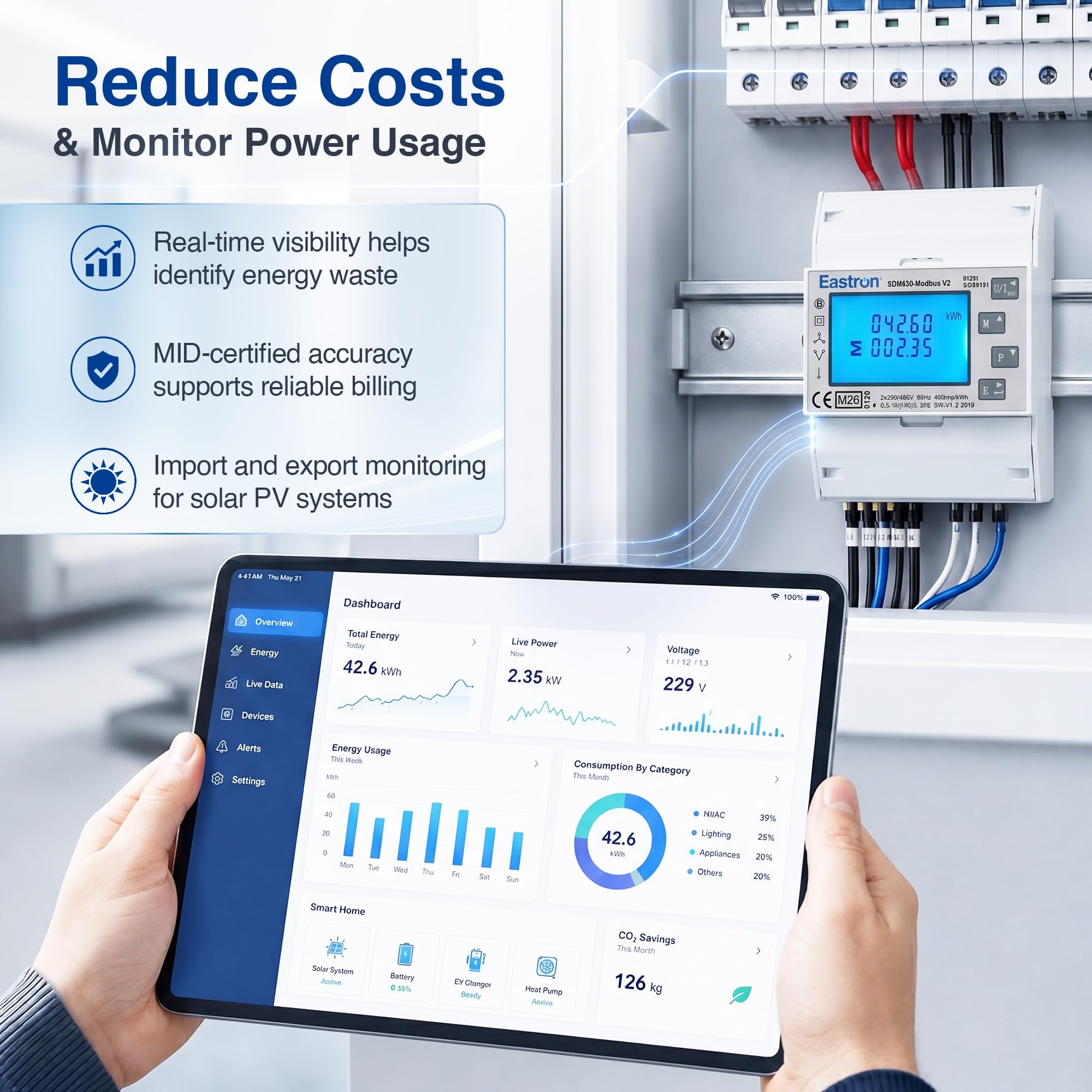 SDM630 Modbus Trifásica, Medidor de Energía Eléctrica,100 Amp kWh DIN-Rail Power Meter, Pulsmeter Modbus RS485 RTU. Pantalla táctil LCD digital con retroiluminación. Certificado MID/calibrado