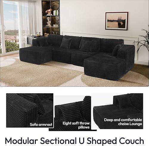 Miniatura 4 de Sofá modular de 132 pulgadas, sofá modular en forma de U con almohadas y asiento profundo, sofá de nube con diván doble, sofás sin huesos a rayas