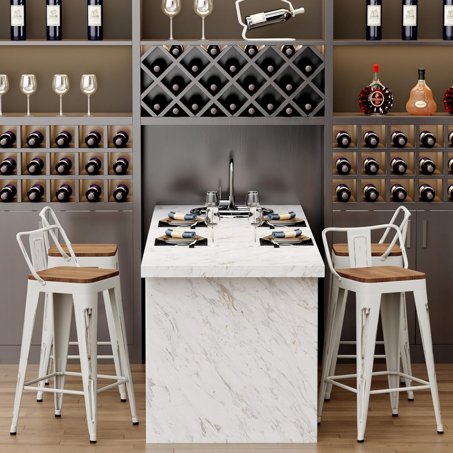 Alunaune 24" Metal Bar Stools Set of 4 Counter Height Barstools Industrial Counter Stool Kitchen Bar Chairs with Modern Wooden Seat, Distressed White