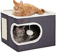 Garnpet Cat Cave Bed Cube House with Scratch Pad & Hanging Ball - Cozy Dark Grey Hideaway for Indoor Cats & Kittens