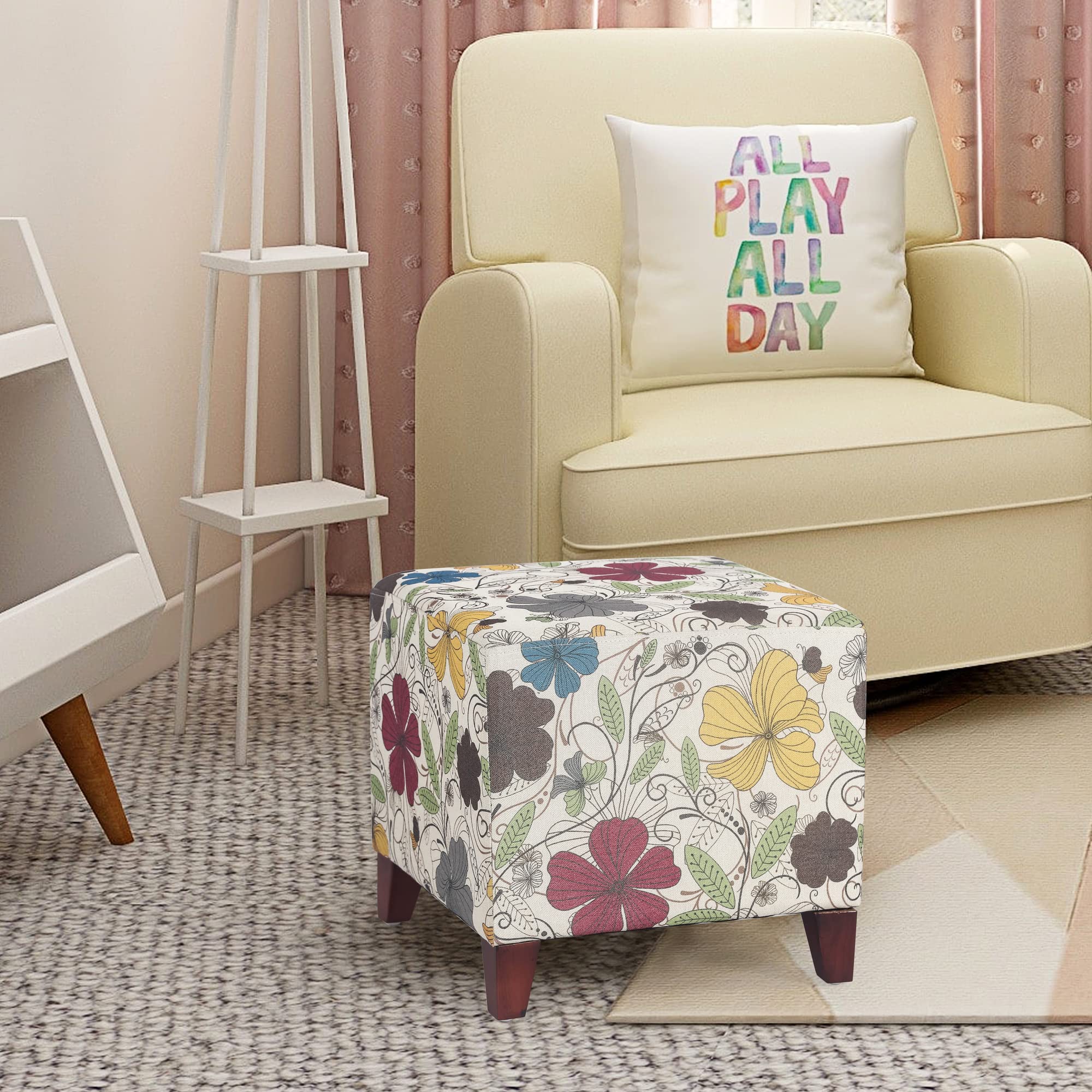 Joveco 16.3'' Cube Ottoman Foot Stool Square Linen Fabric Foot Rest Seat with Wood Legs for Living Room Bedroom Entryway (Colorful Printing)