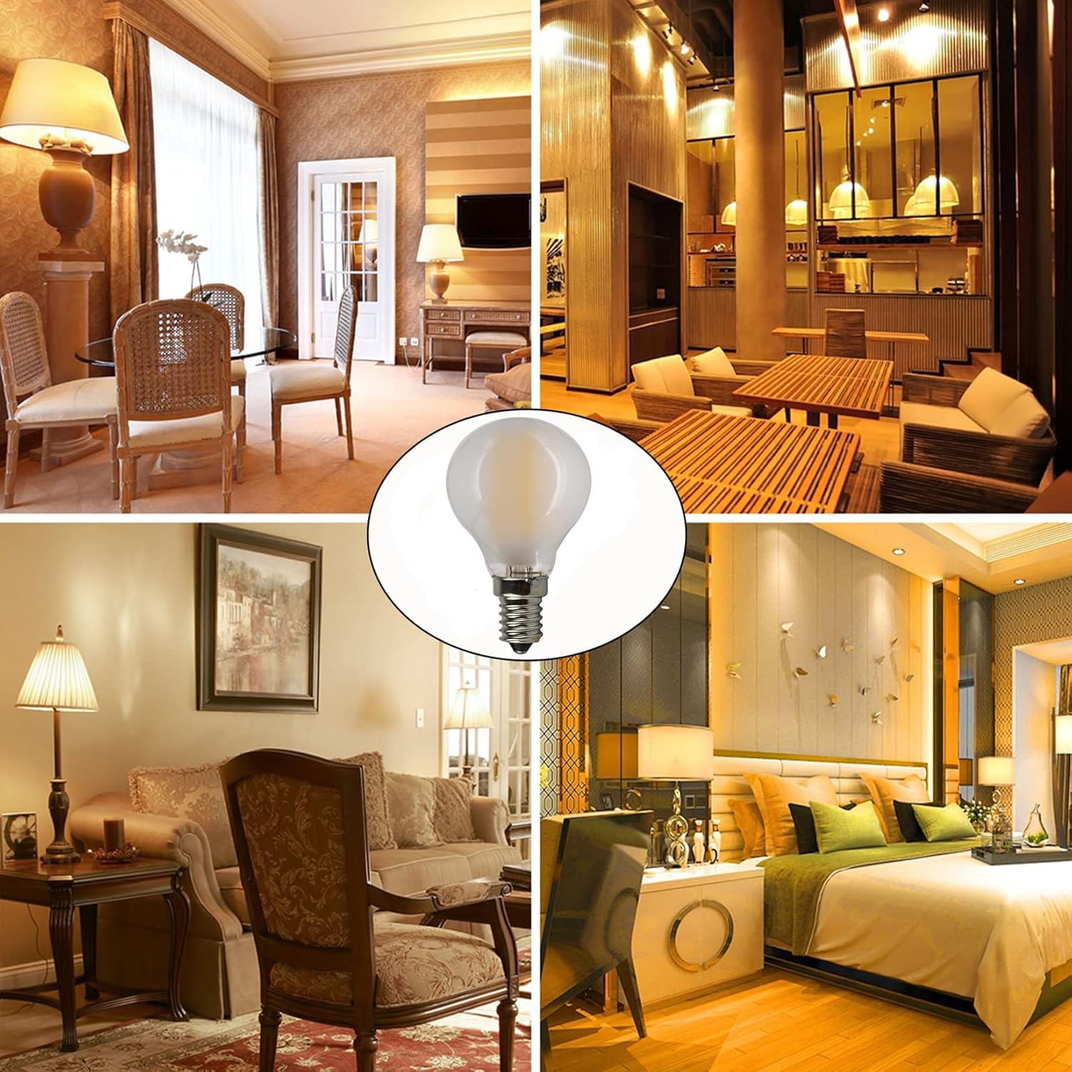E14 4W G45 LED Globe Filament Bulb Dimmable Edison Filament Light Bulbs 40 Watt Equivalent Warm White 2700K E14 European Base 600 Lumen Frosted Glass Round Vintage Light Bulb, 6 Pack