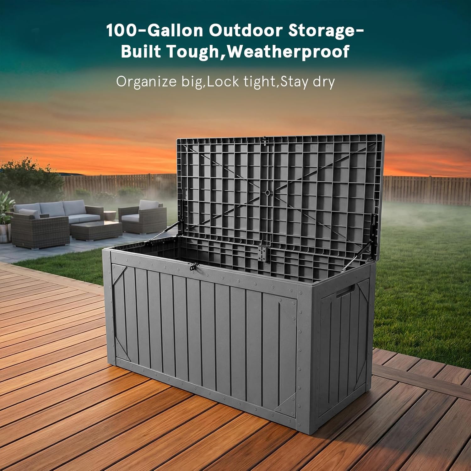 FEFLO Large Outdoor Storage Box 100 Gallon - Lockable Waterproof Deck Storage with Hydraulic Lid, IP65 Weatherproof Resin Chest for Patio Furniture, Garden Tools & Pool Supplies Organization (Gray)
