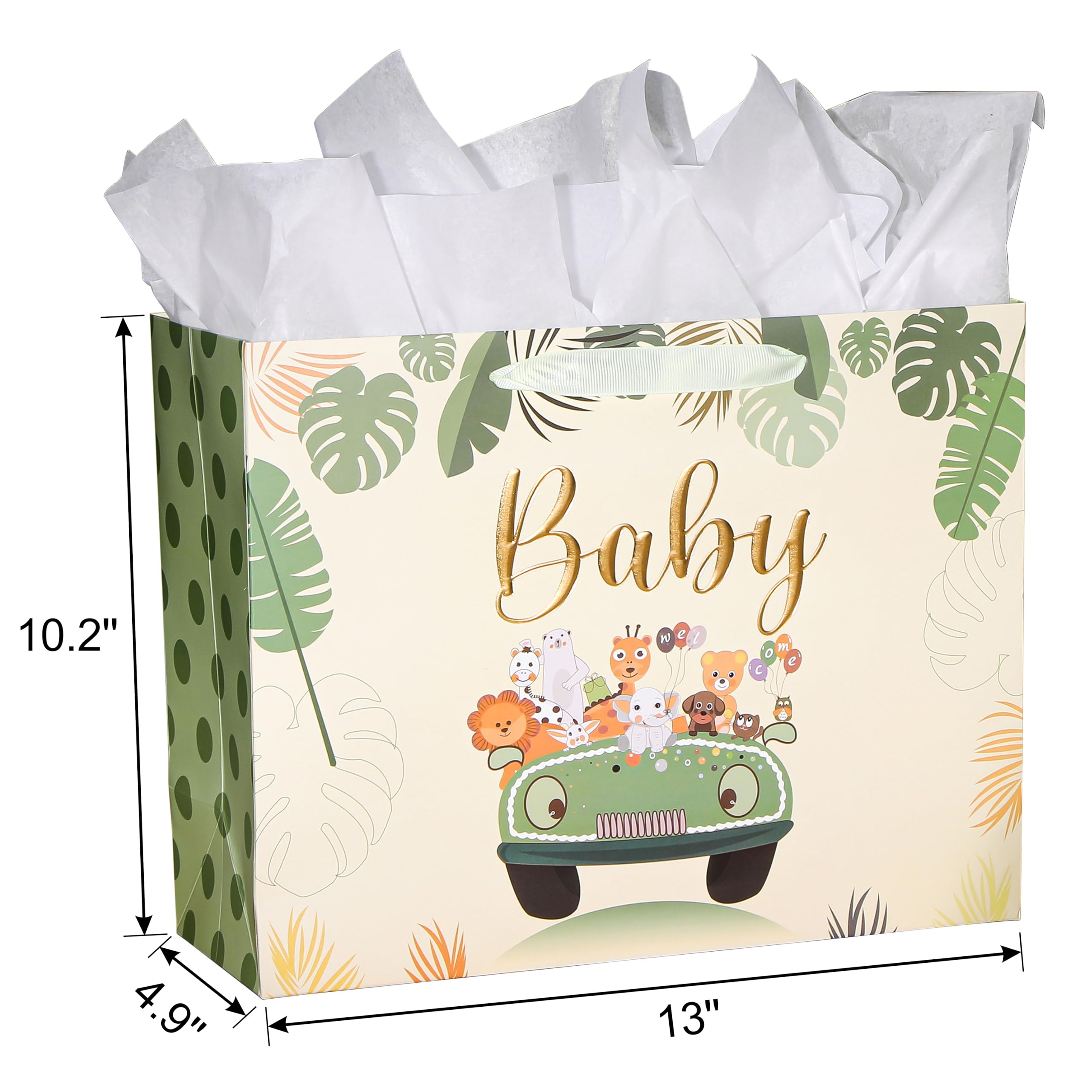 Bobobag 33 cm szałwiowy zielony woreczek na baby shower, torba na prezent dla noworodka z bibułką i kartką z życzeniami.
