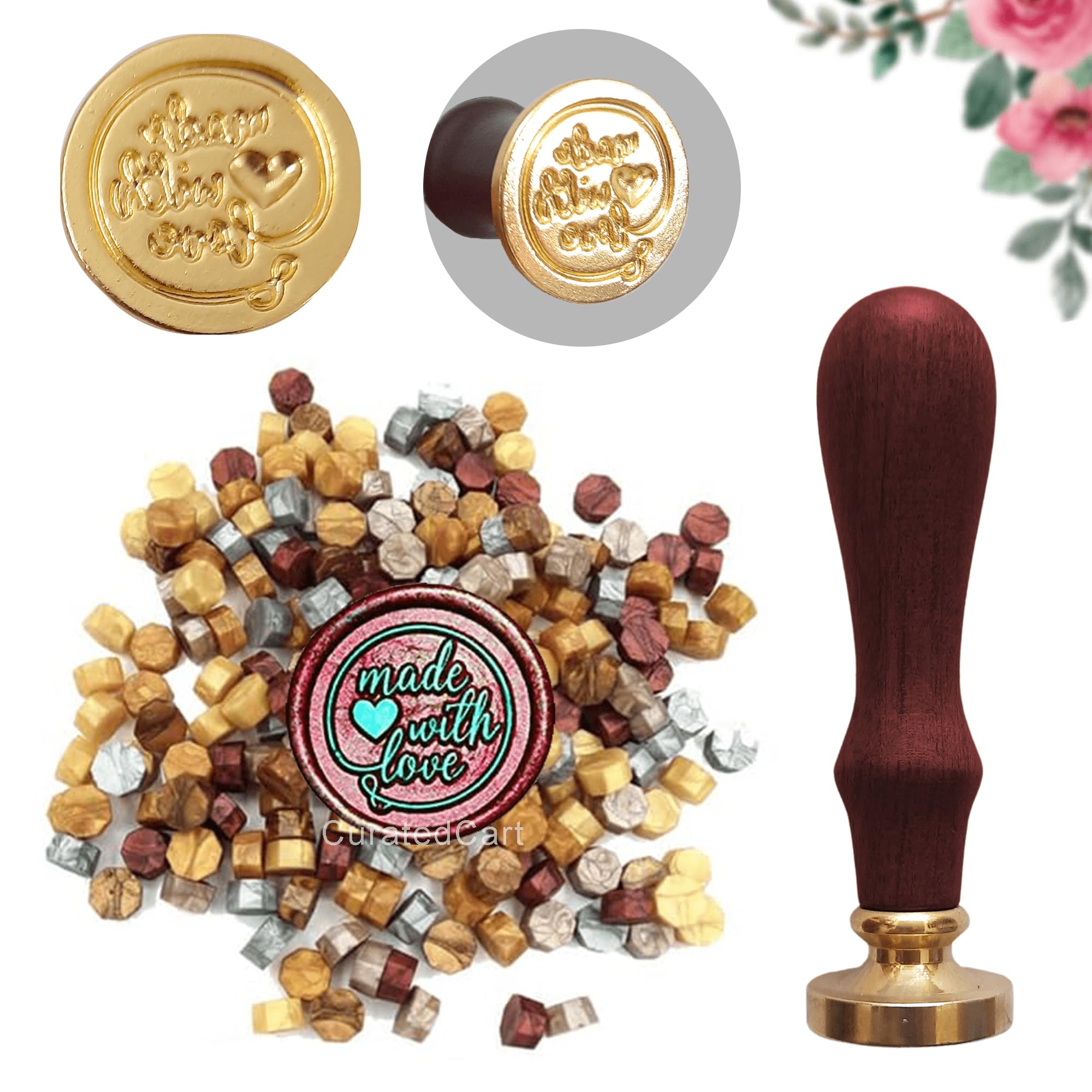 Curated Cart Wedding Wax Seal Stamp Kit - 50 Piece Metallic Wax Beads, Made With Love Brass Stamp with Exquisite Handle Seal Stamp for Invitations, Cards, Envelopes, Gifts, Letters