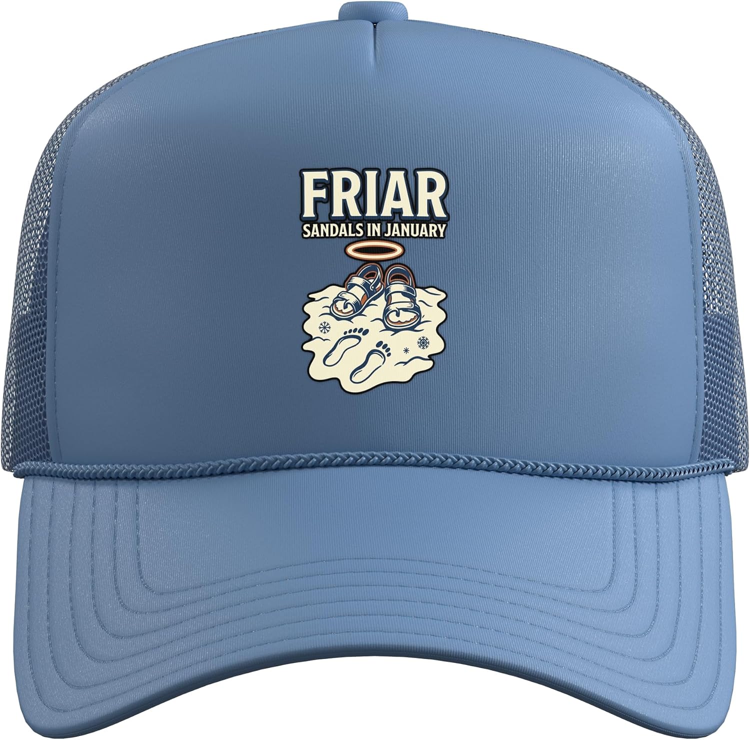 Friar's Sandals in Snow Halo Footprints Catholic Trucker Hat with Adjustable Mesh Back image 2