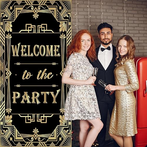 Miniatura 4 de Decoración de pancarta de bienvenida a la fiesta decoraciones de fiesta temática de Gatsby de los años 20  Cubierta de puerta estilo jazz de los