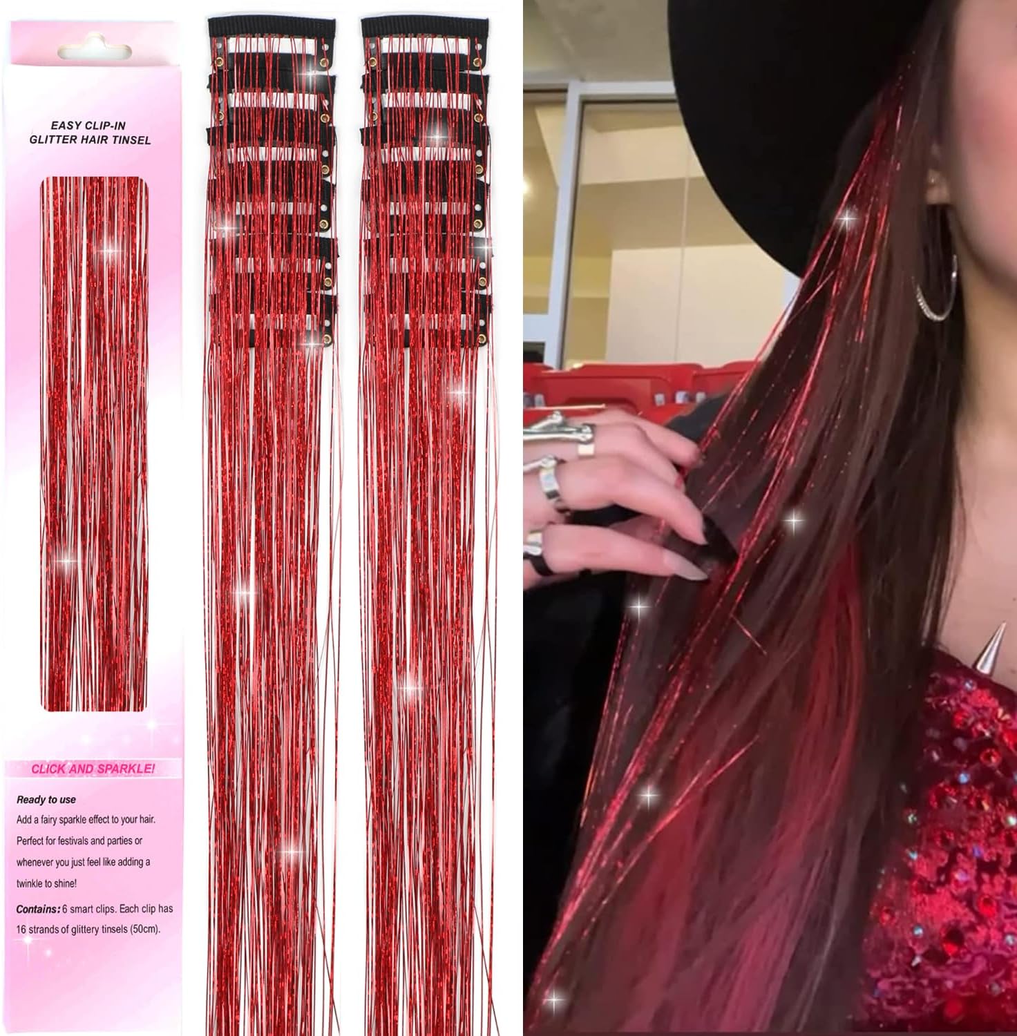 USHUIUS Hair Tinsel Clip in 12Pcs Red Tinsel Hair Glitter