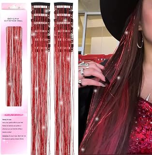 Hair Tinsel Clip in 12 Pcs Clip in Hair Tinsel Red Fairy Glitter Hair Extensions Heat Resistant Sparkly Hair Accessories for Girls Women Kids (12Pcs RED)