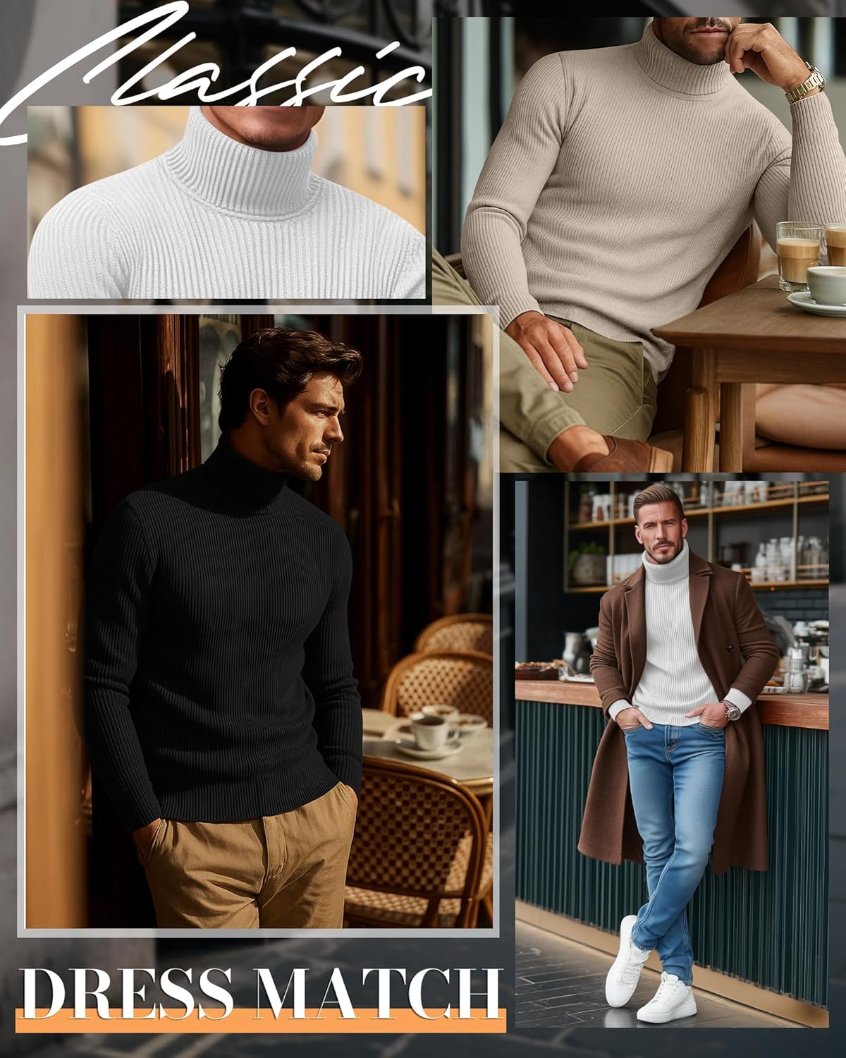 Locoowai 3 Pack Men's Ribbed Turtleneck Shirts, Long Sleeve Mock Neck Lightweight Pullover Sweaters Knit Base Layer Tee Tops