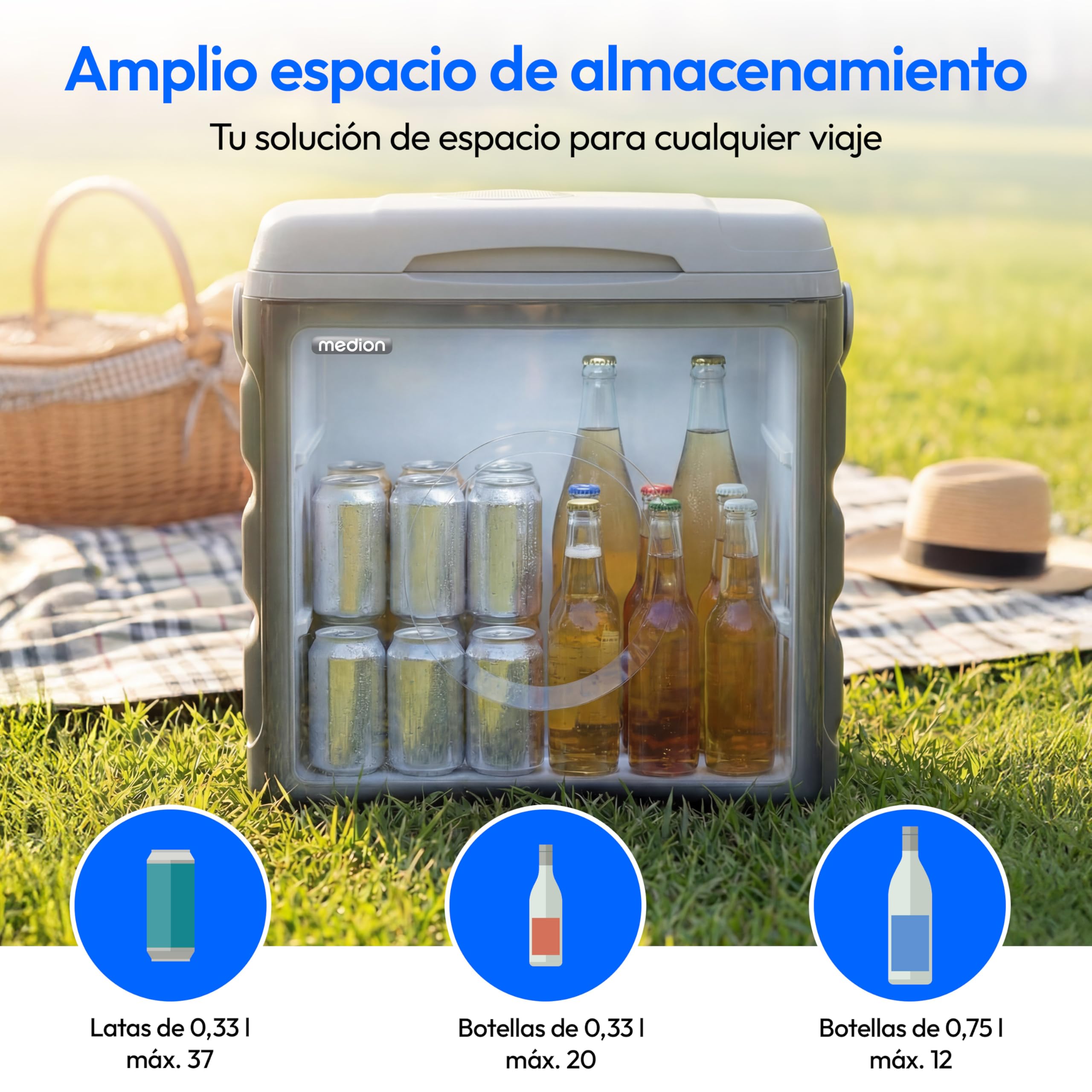 MEDION Nevera Portátil Termoeléctrica 35 L Capacidad Bruta Función Refrigeración y Calentamiento Alimentación 12V Toma de Coche 230V USB 5V para Coche Barco y Camping, MD370030 Gris Clase Energética E